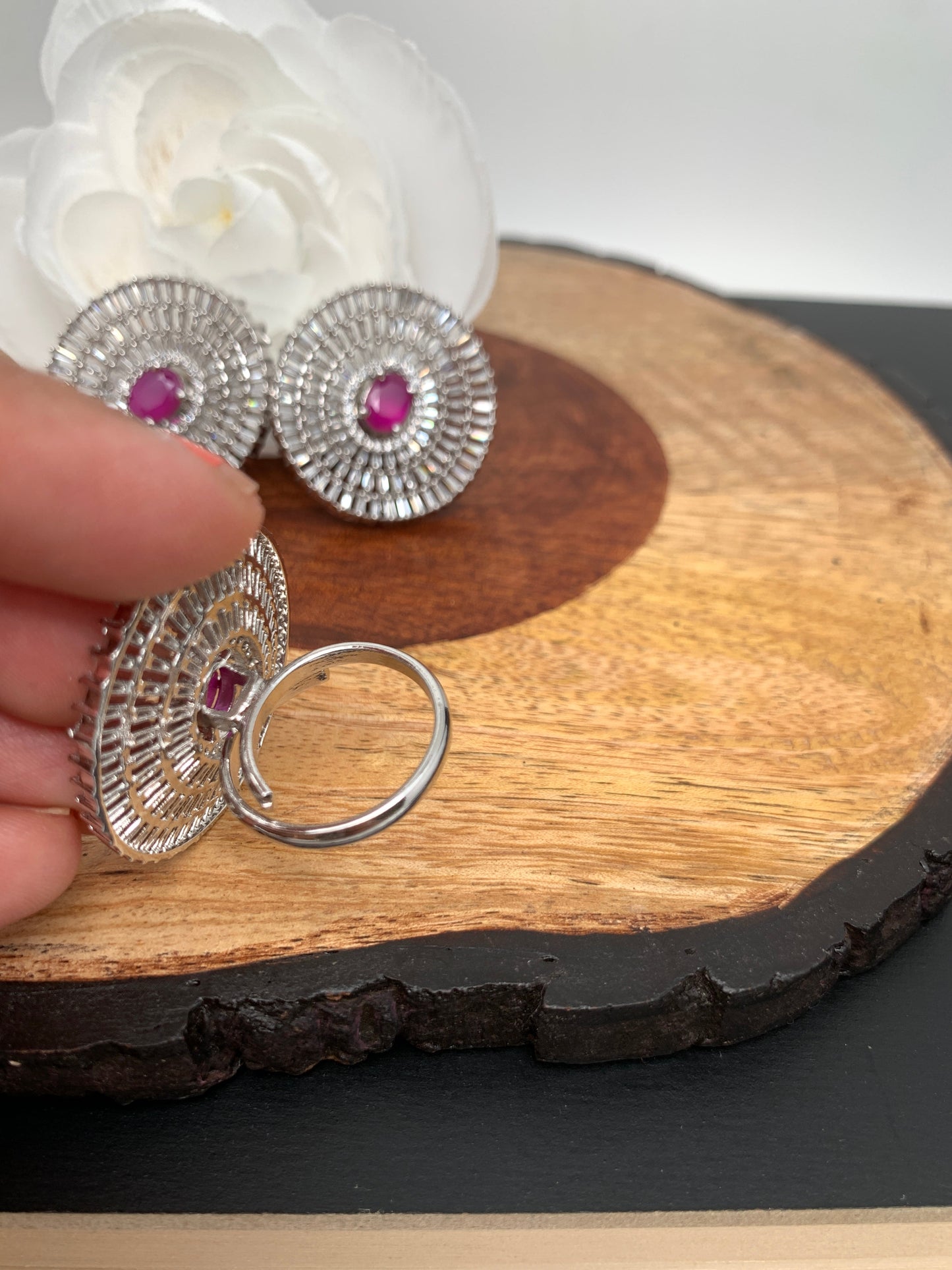 AD Pink Stone Earrings with Ring in Silver Polish