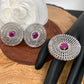 AD Pink Stone Earrings with Ring in Silver Polish