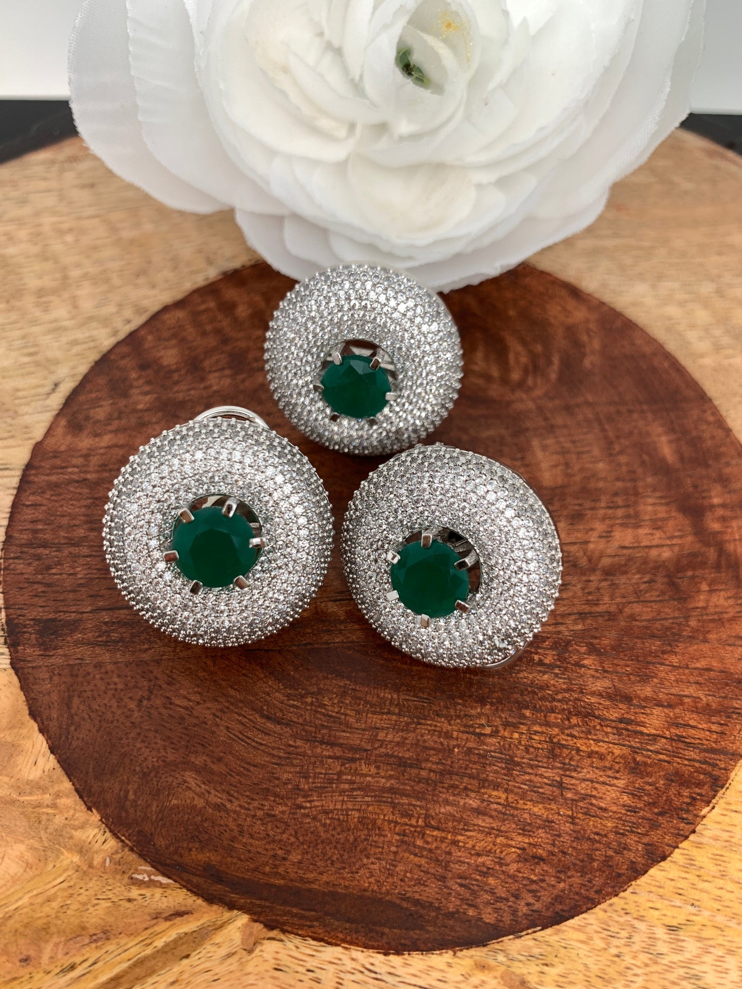 AD Green Stone Earrings with Ring in Silver Polish