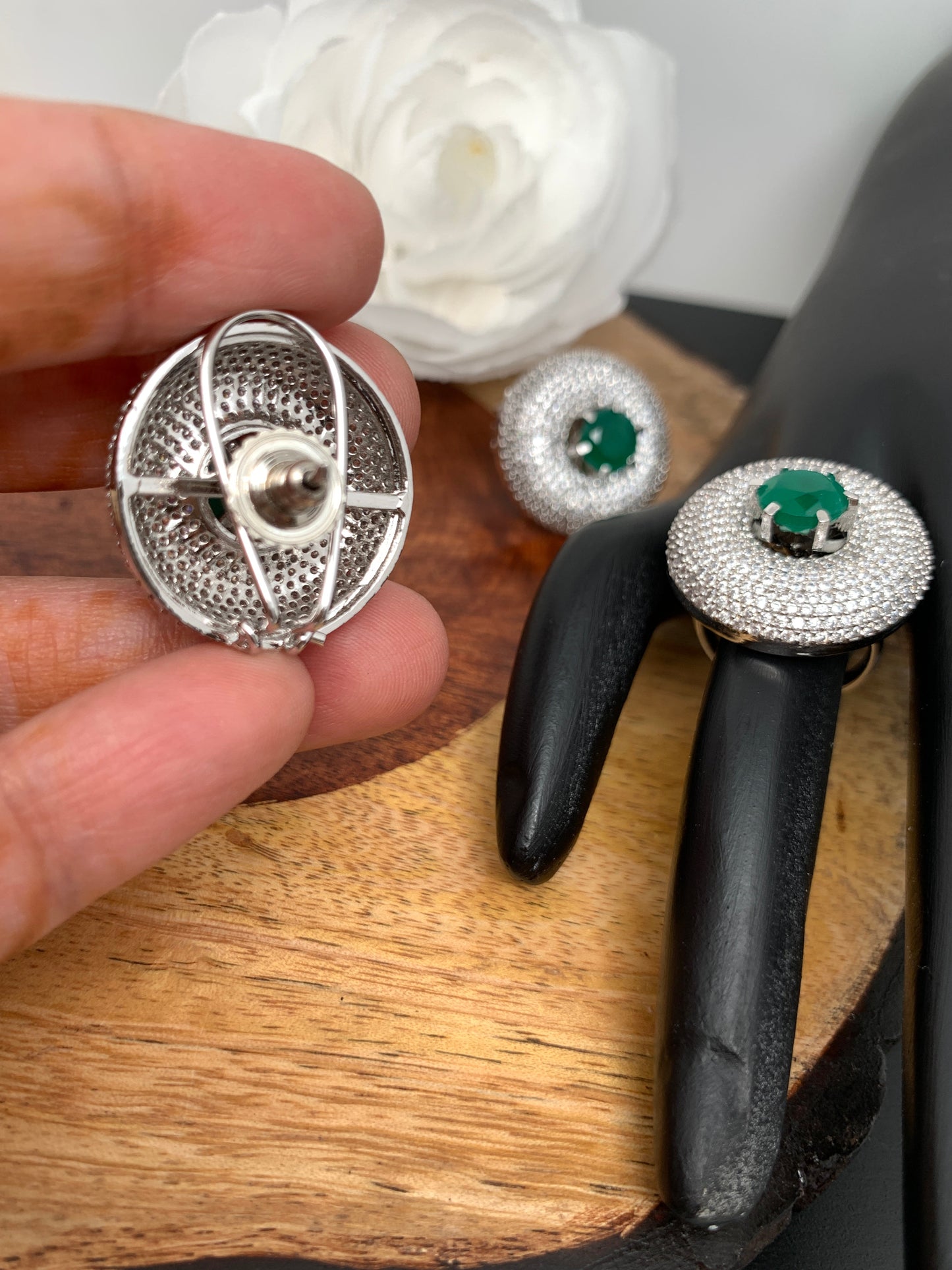 AD Green Stone Earrings with Ring in Silver Polish