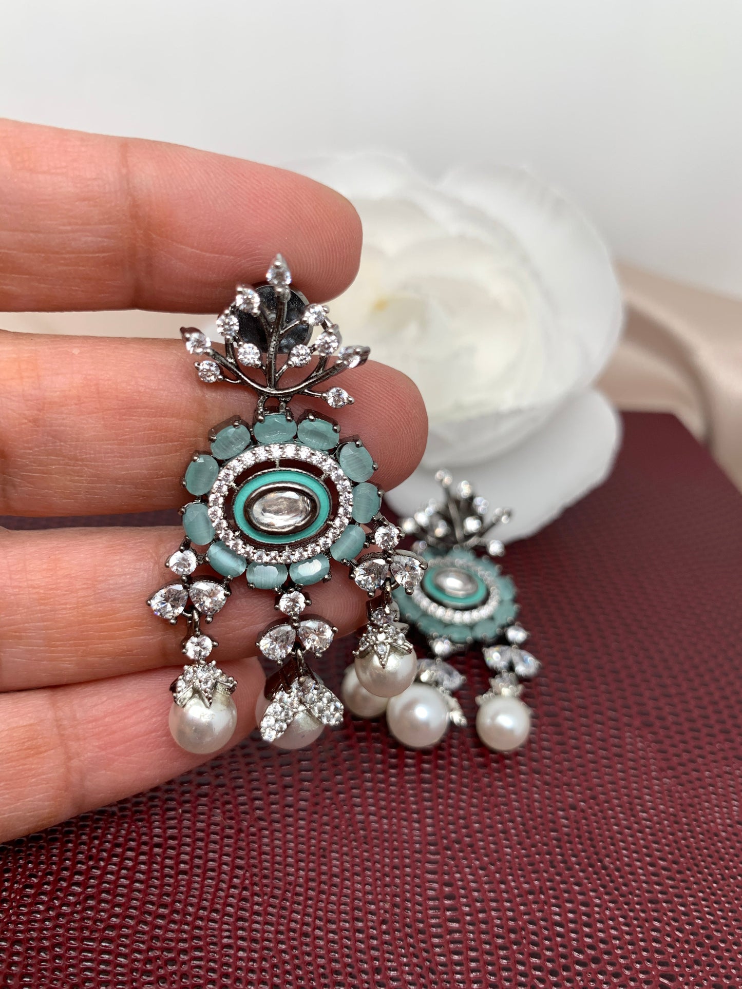 AD Mint Green Stone victorian polish Earrings