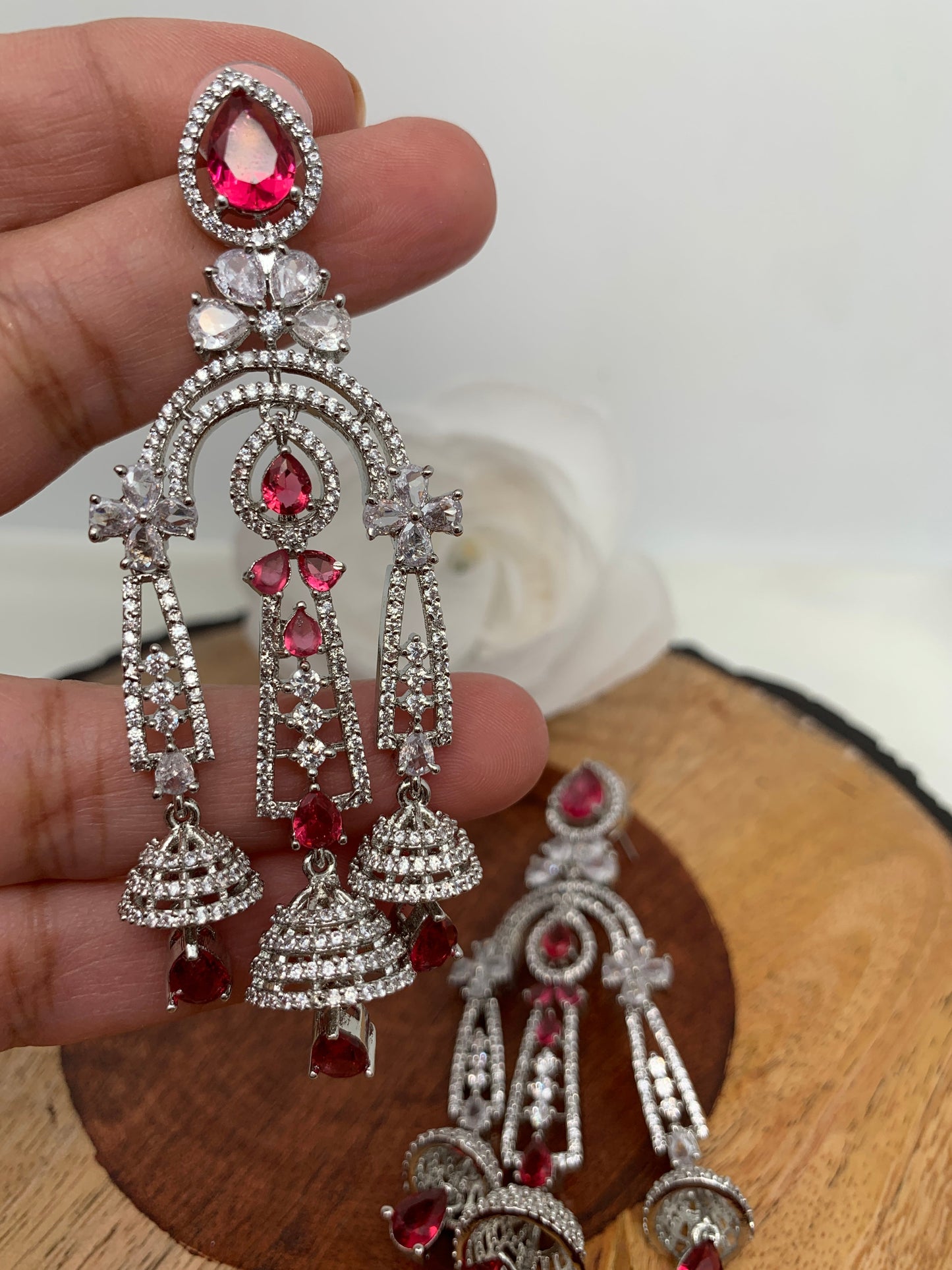 AD Wine Red Chandelier Silver Polish Earrings