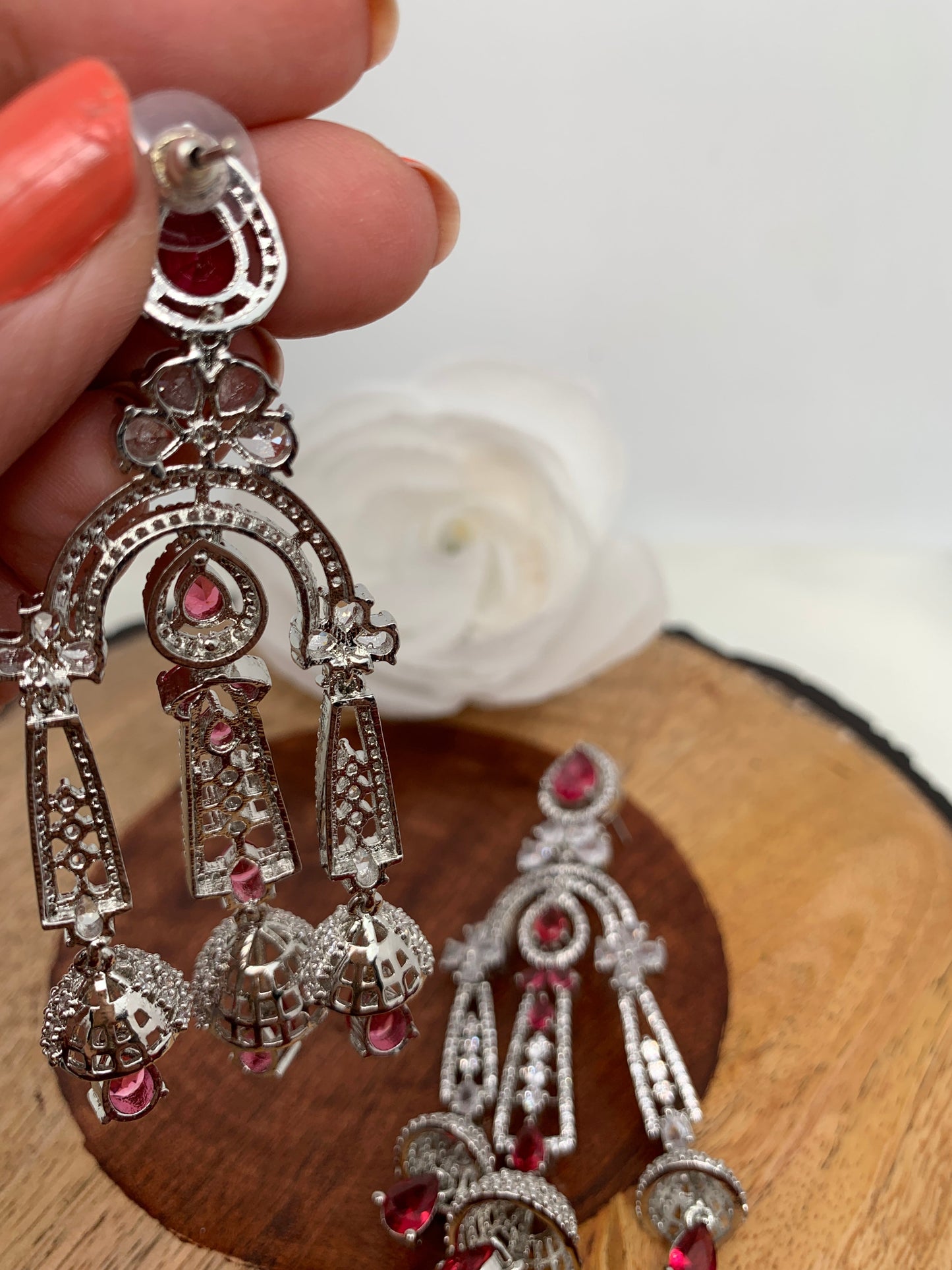 AD Wine Red Chandelier Silver Polish Earrings