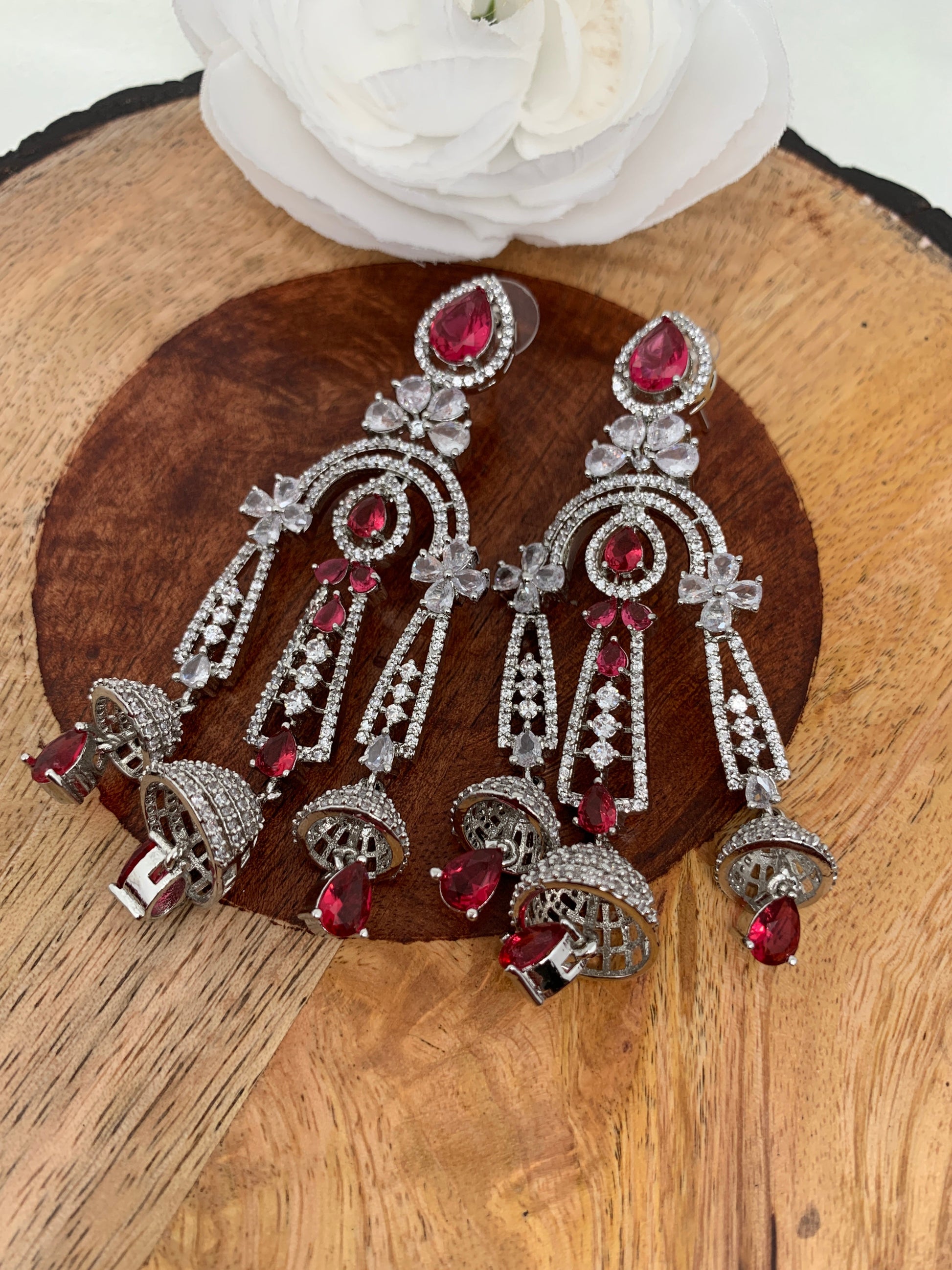 AD Wine Red Chandelier Silver Polish Earrings