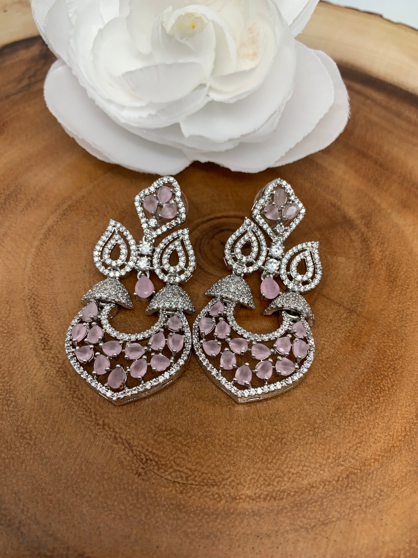 AD Pink Stone Silver Polish Earrings