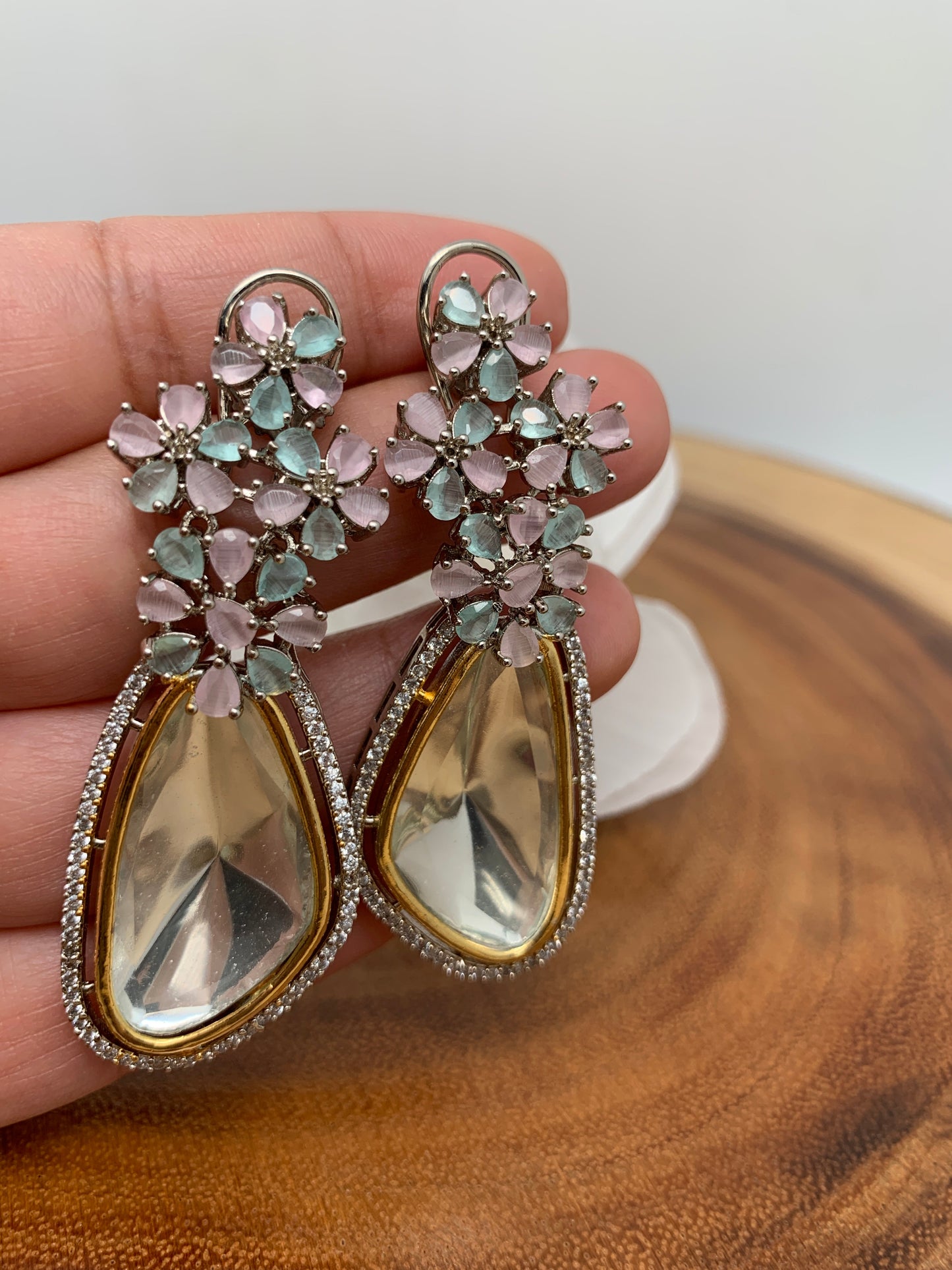 Moissanite Mint Green Pink Stone Silver Polish Earrings