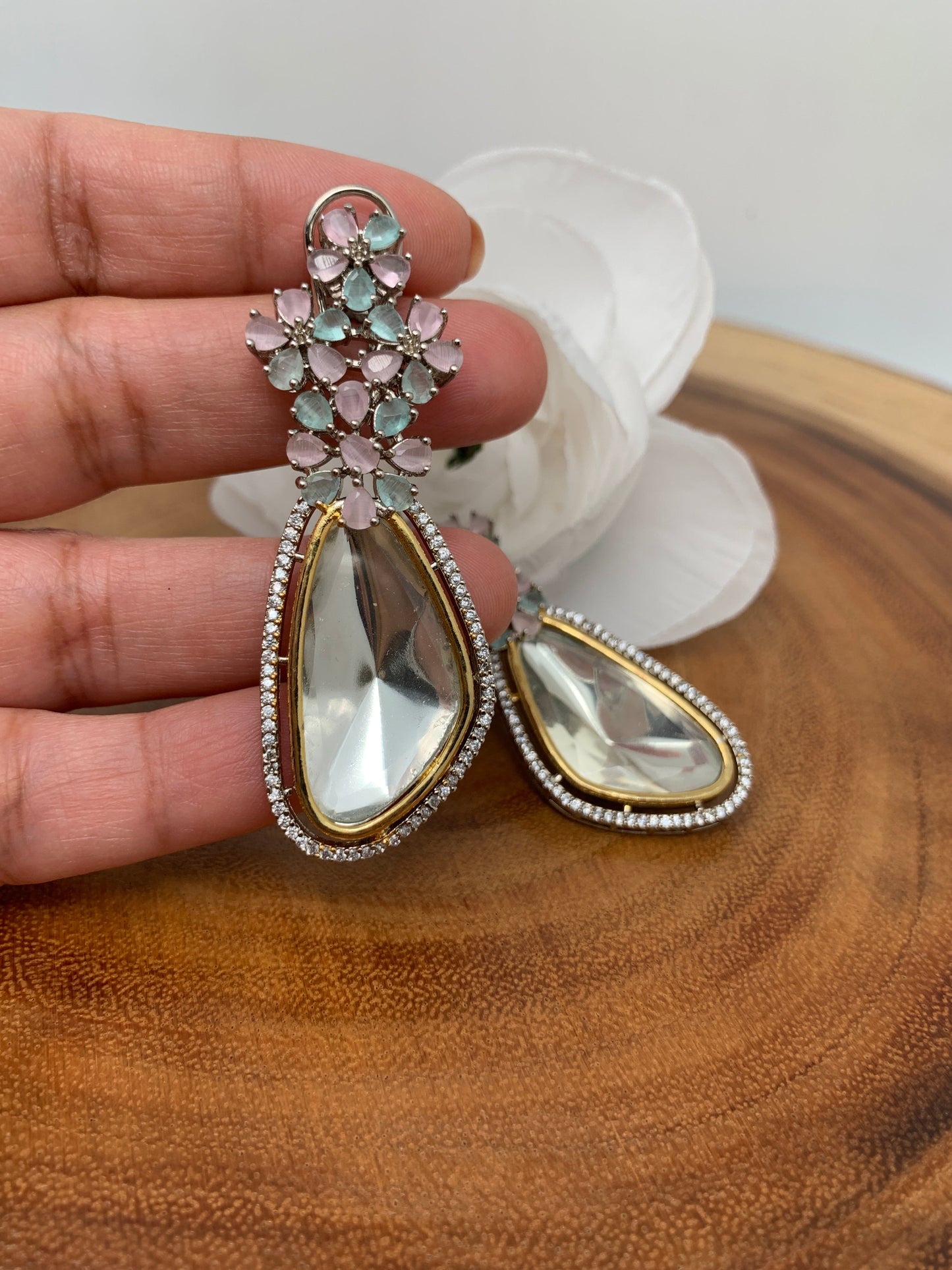 Moissanite Mint Green Pink Stone Silver Polish Earrings