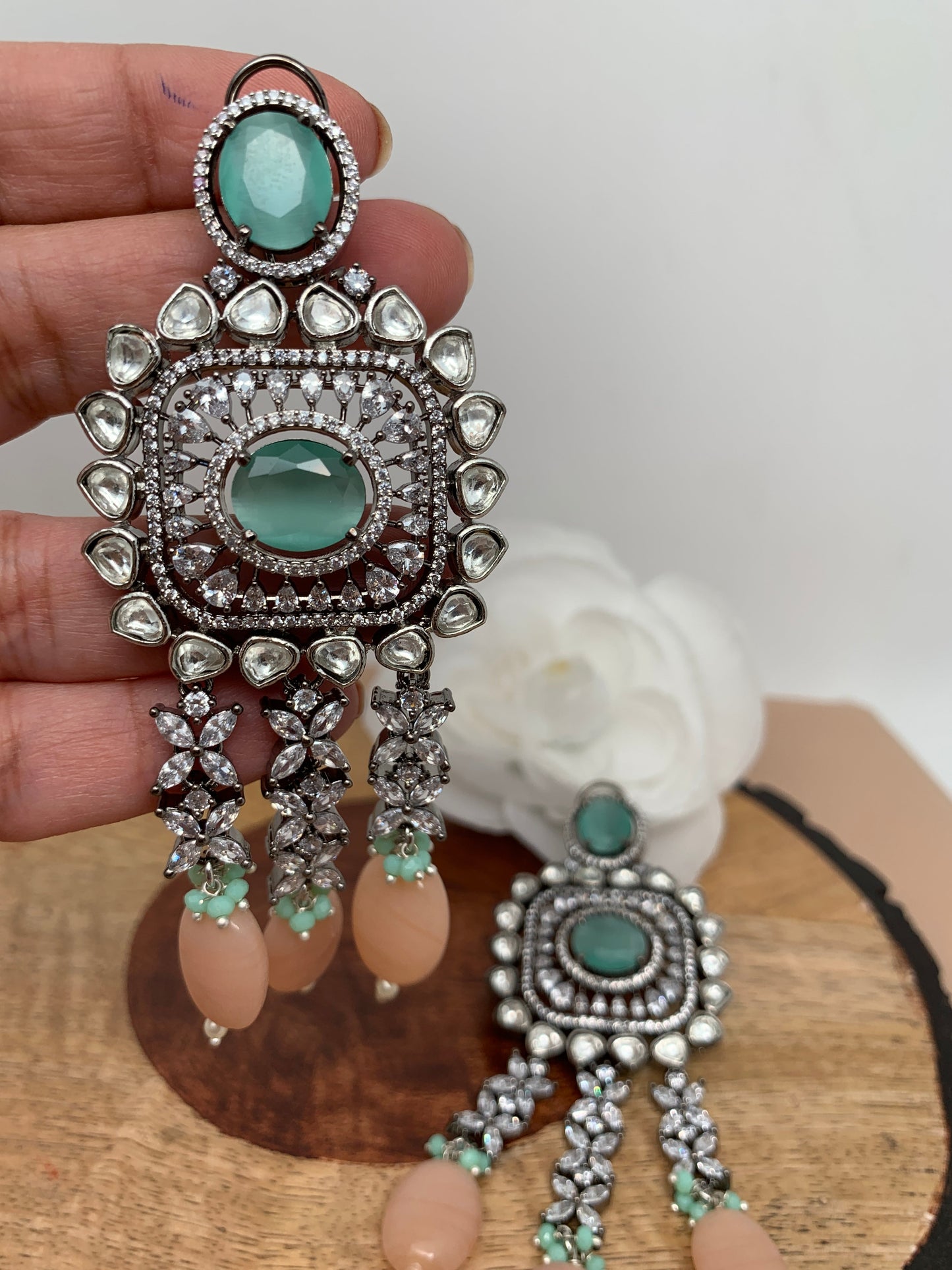 Kundan Mint Green Peach Victorian Polish Long Earrings
