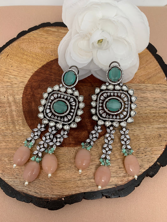 Kundan Mint Green Peach Victorian Polish Long Earrings