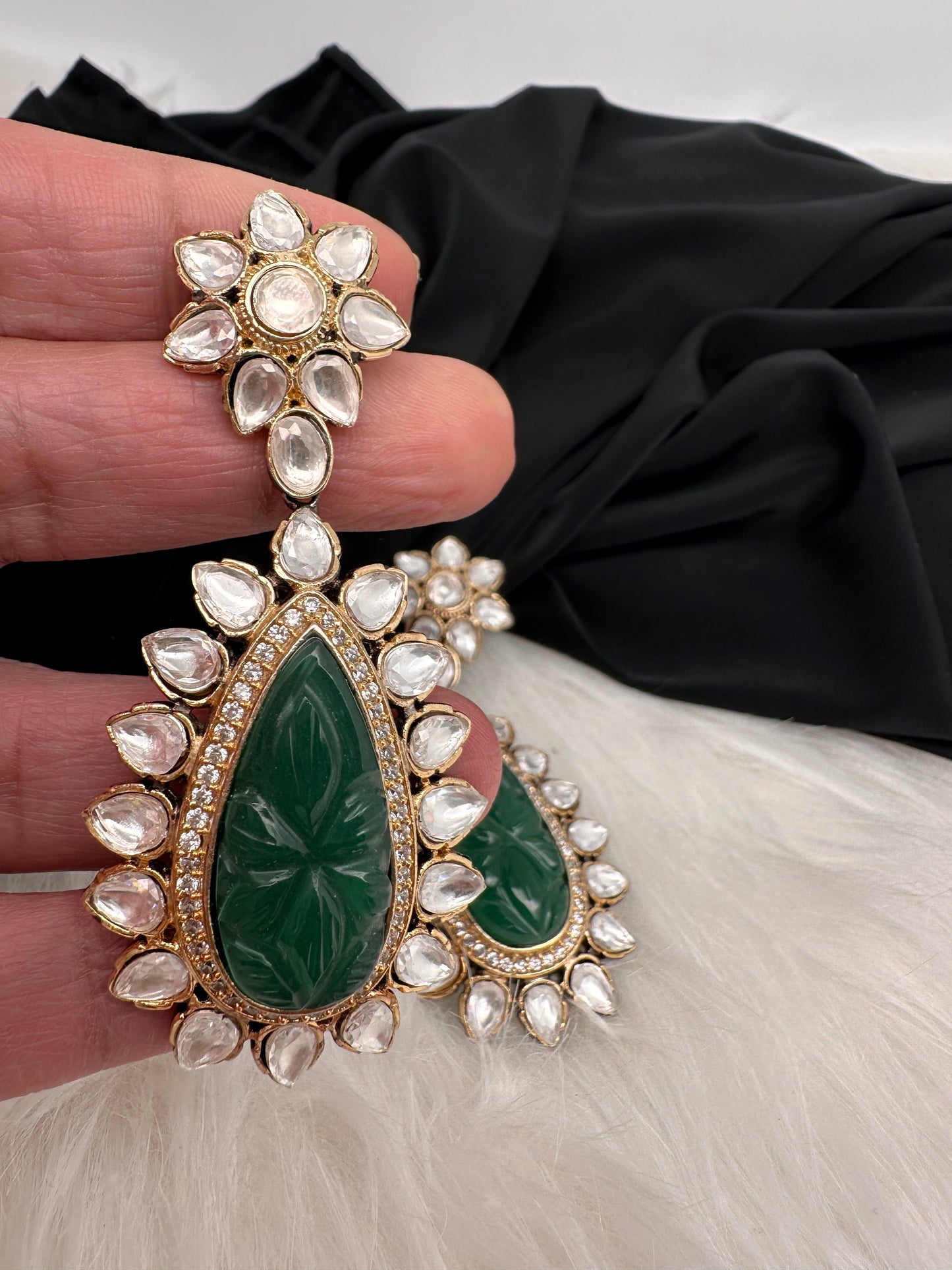 Green Carved Stone Kundan Earrings