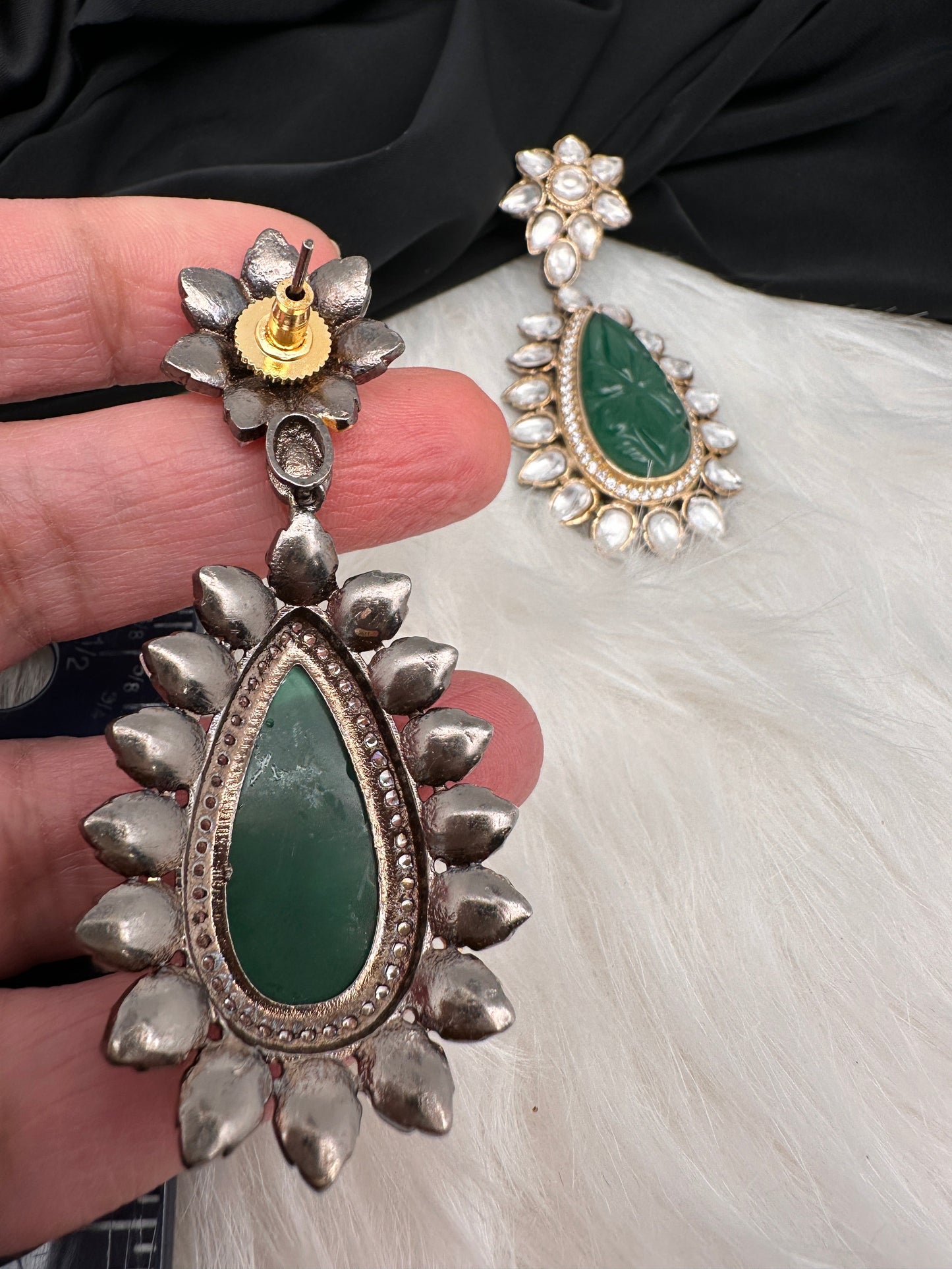 Green Carved Stone Kundan Earrings