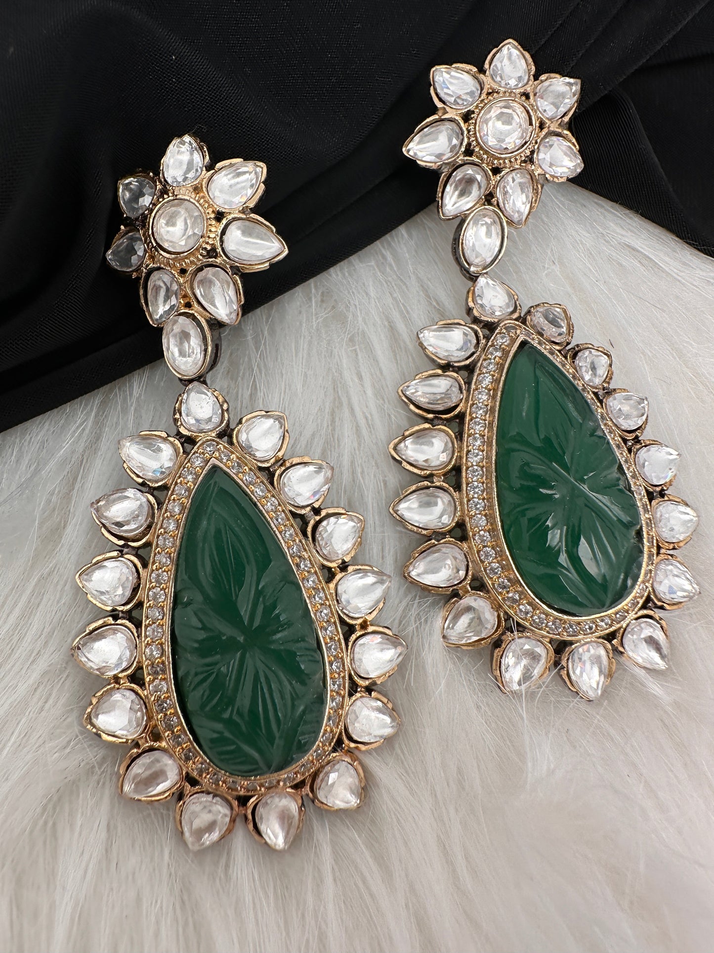 Green Carved Stone Kundan Earrings