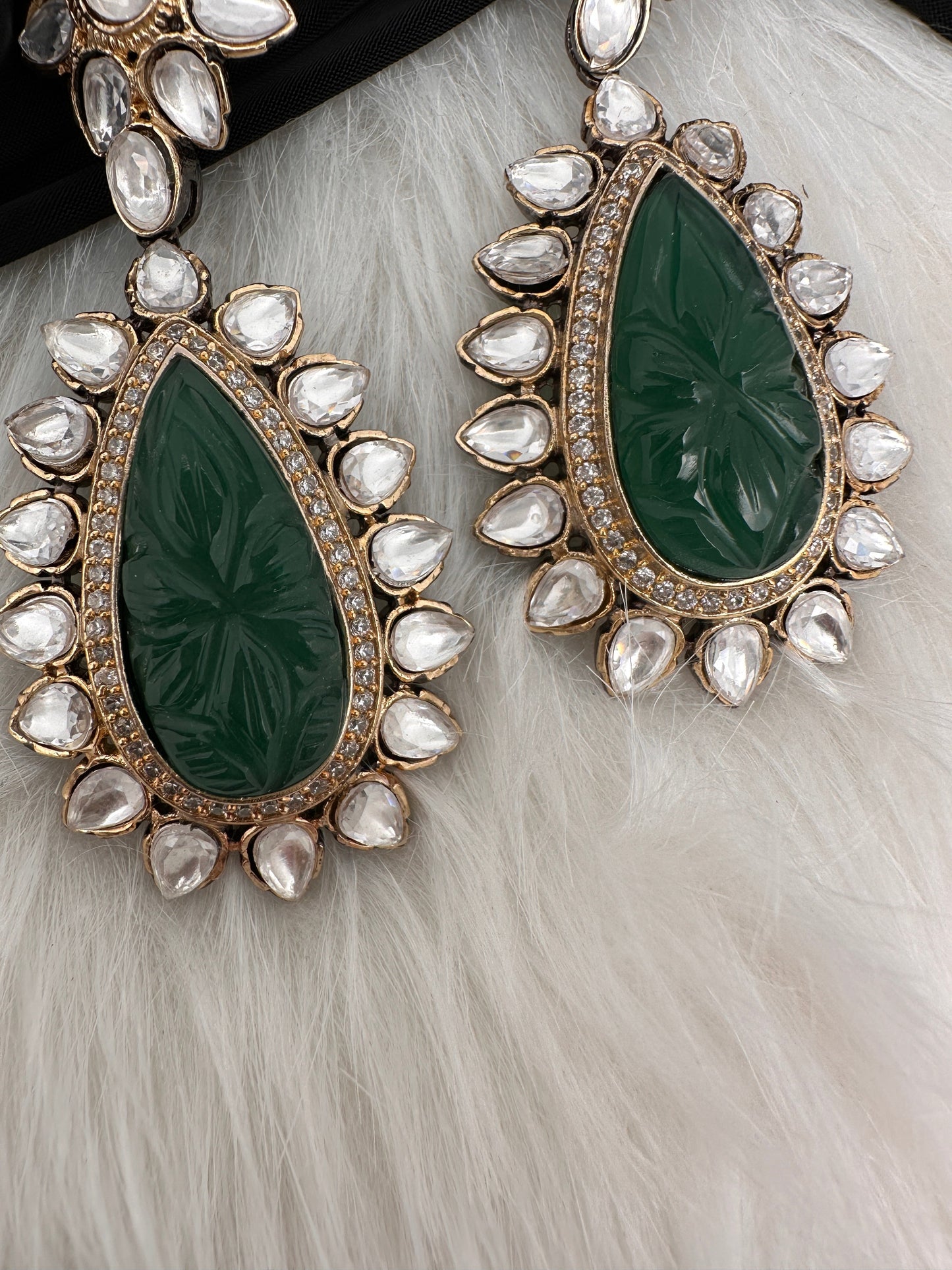 Green Carved Stone Kundan Earrings