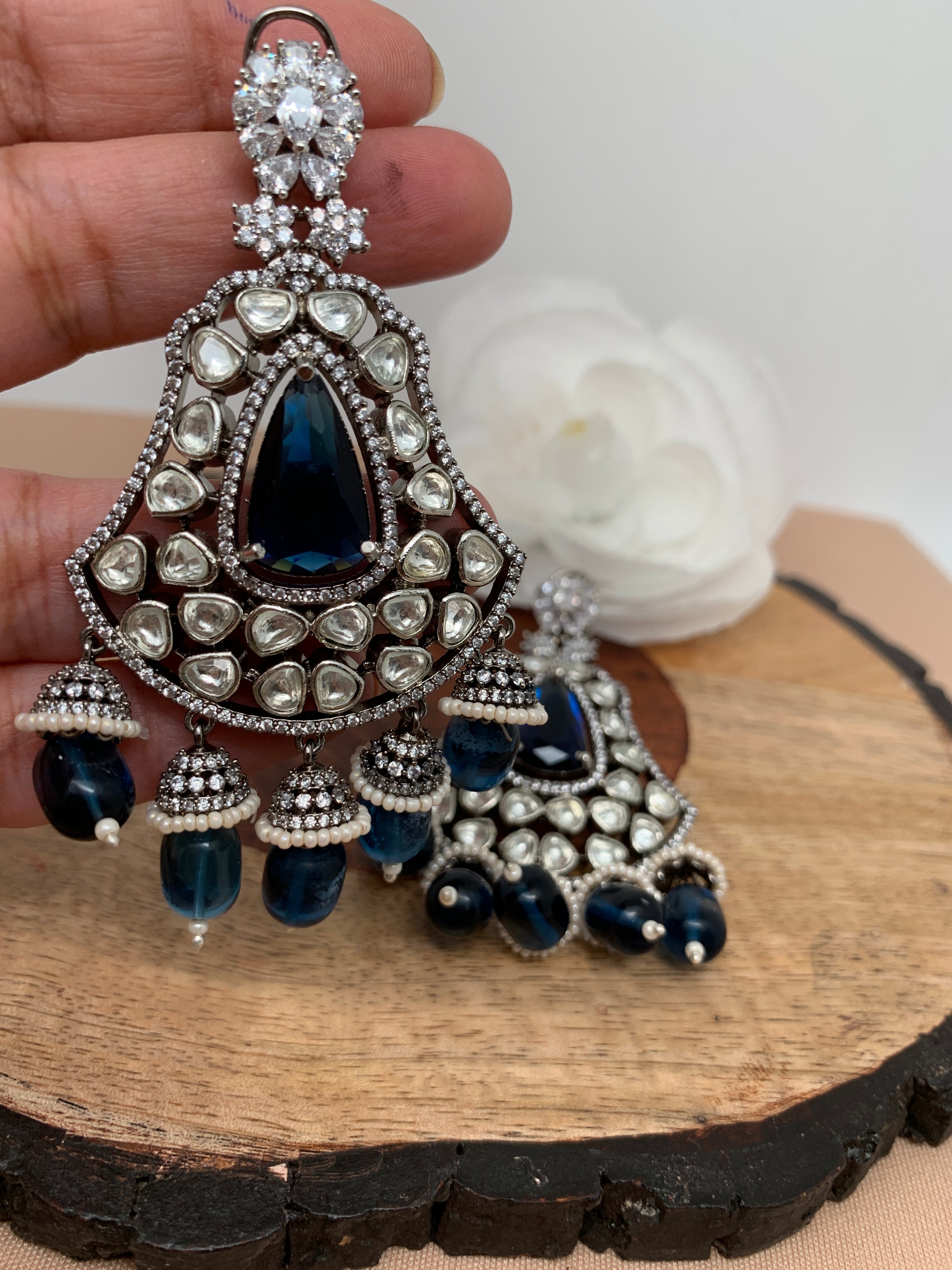 Ramha Gold Polished Blue Stone Earrings - Laura Designs (India)