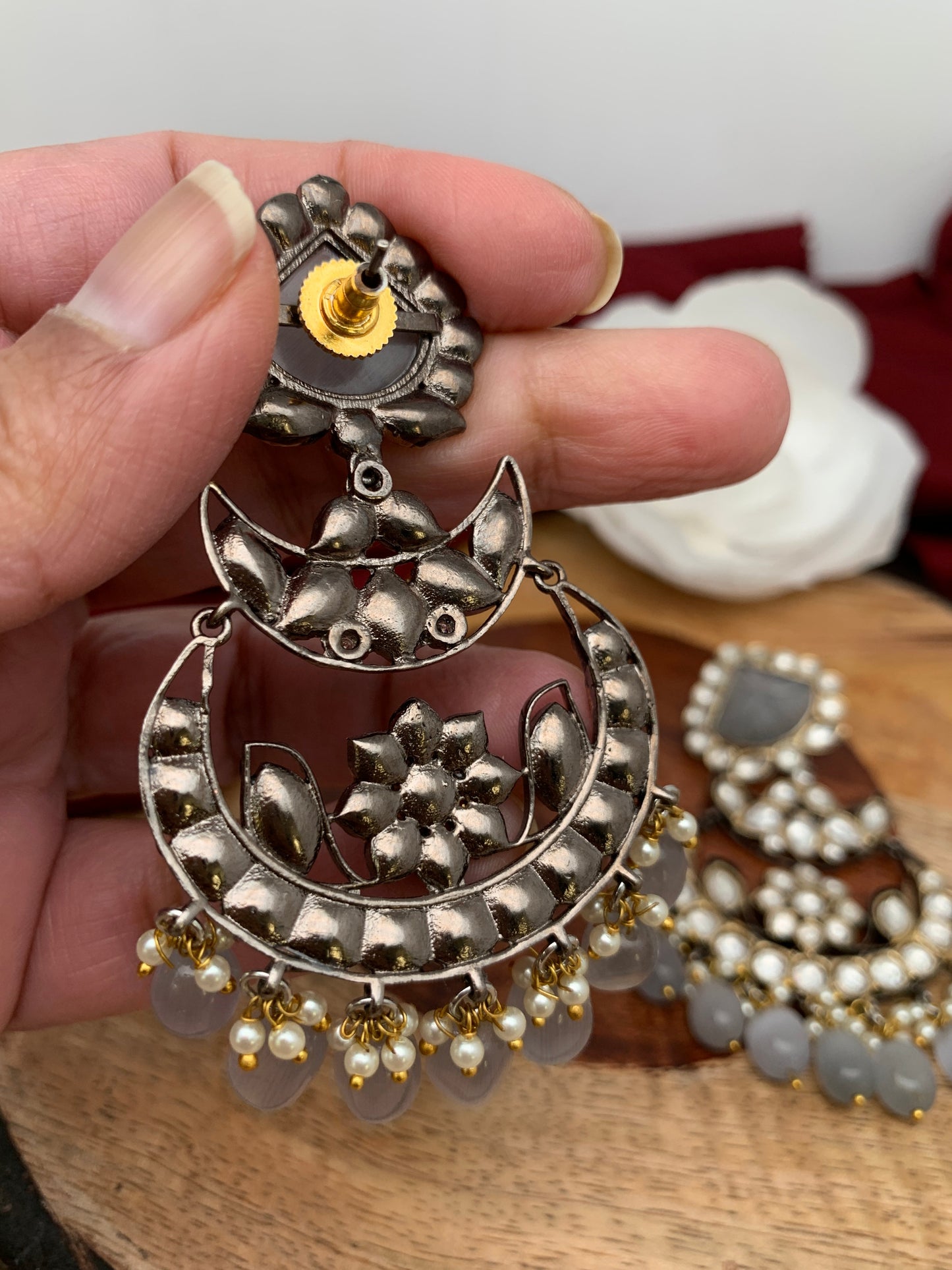 Grey Carved Stone Kundan Victorian Polish Earrings