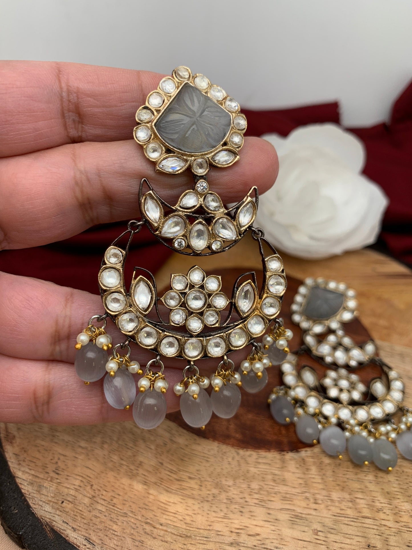 Grey Carved Stone Kundan Victorian Polish Earrings