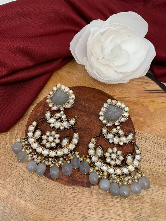 Grey Carved Stone Kundan Victorian Polish Earrings