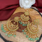 Green Stone Polki Chandbali Earrings with Maang Teeka