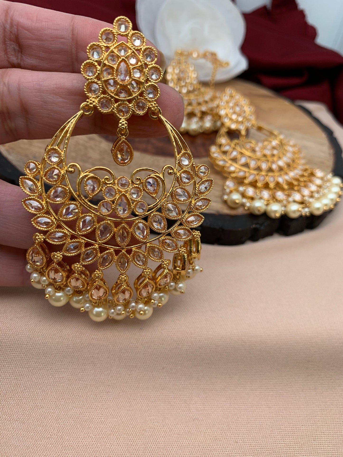 Pearls Polki Chandbali Earrings with Maang Teeka