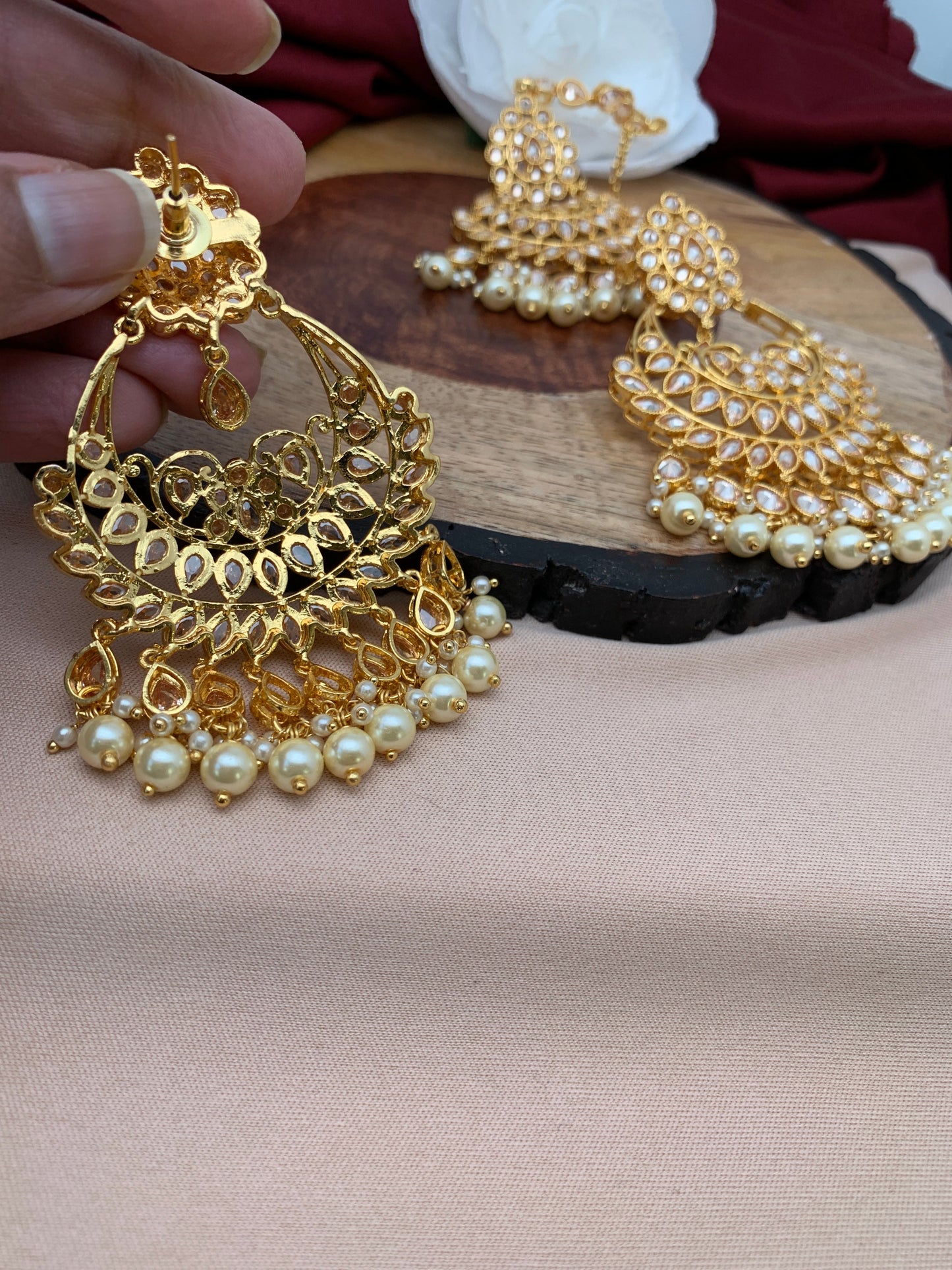 Pearls Polki Chandbali Earrings with Maang Teeka