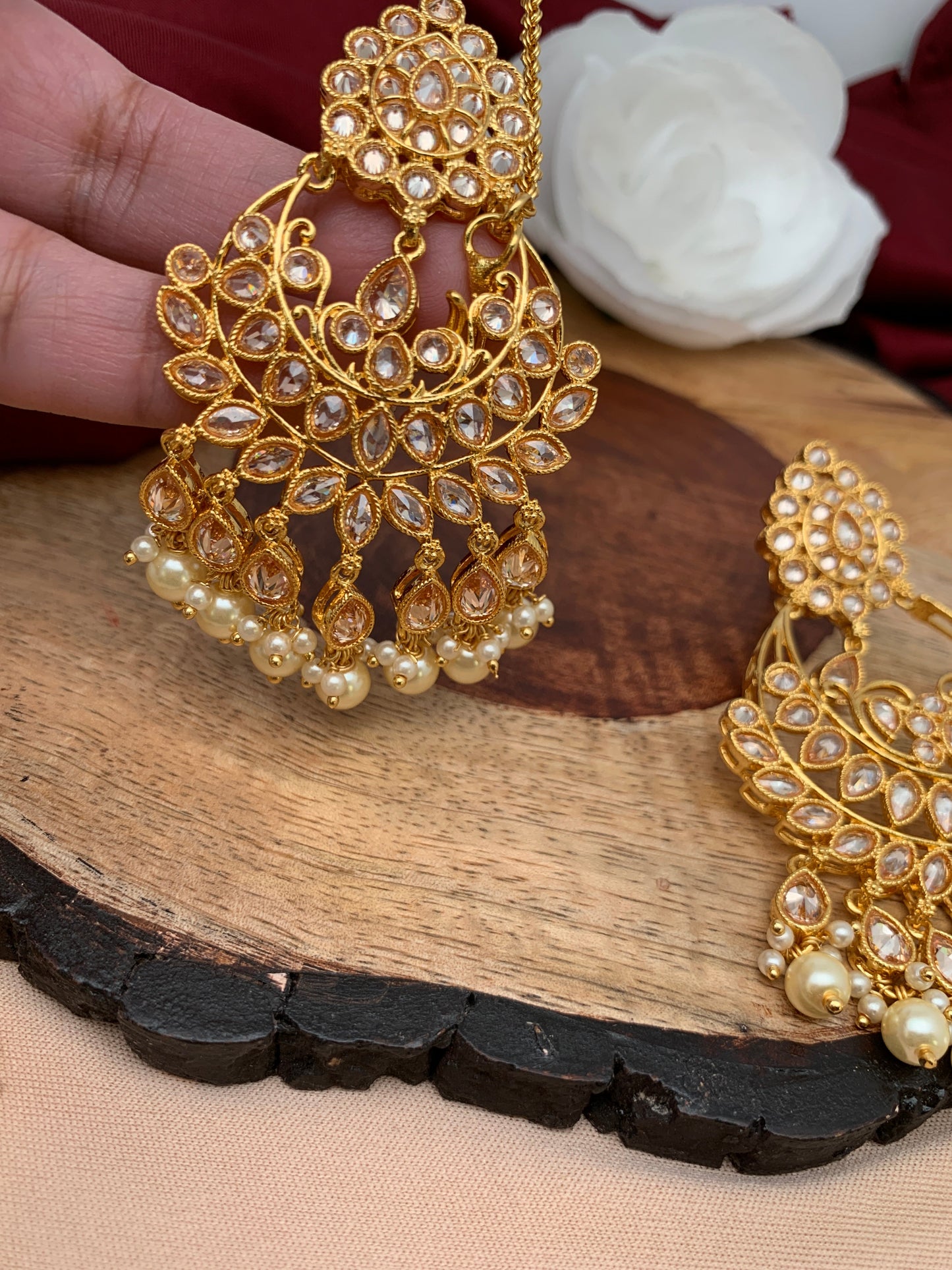Pearls Polki Chandbali Earrings with Maang Teeka