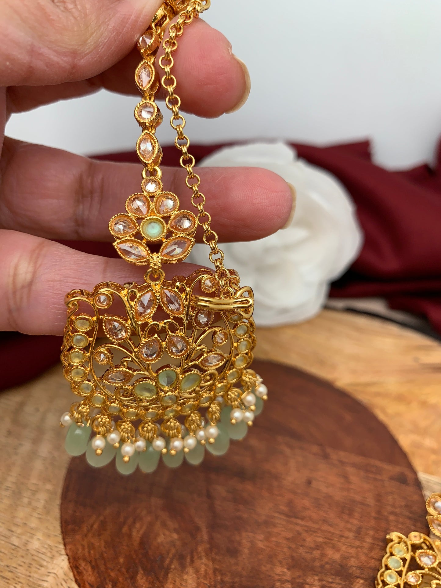 Mint Green Stone Polki Mint Green Beads Earrings with Maang Teeka