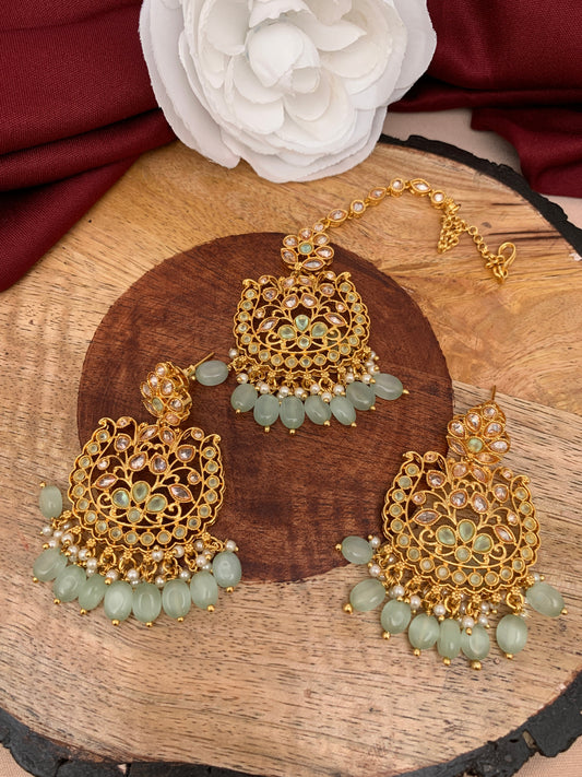 Mint Green Stone Polki Mint Green Beads Earrings with Maang Teeka