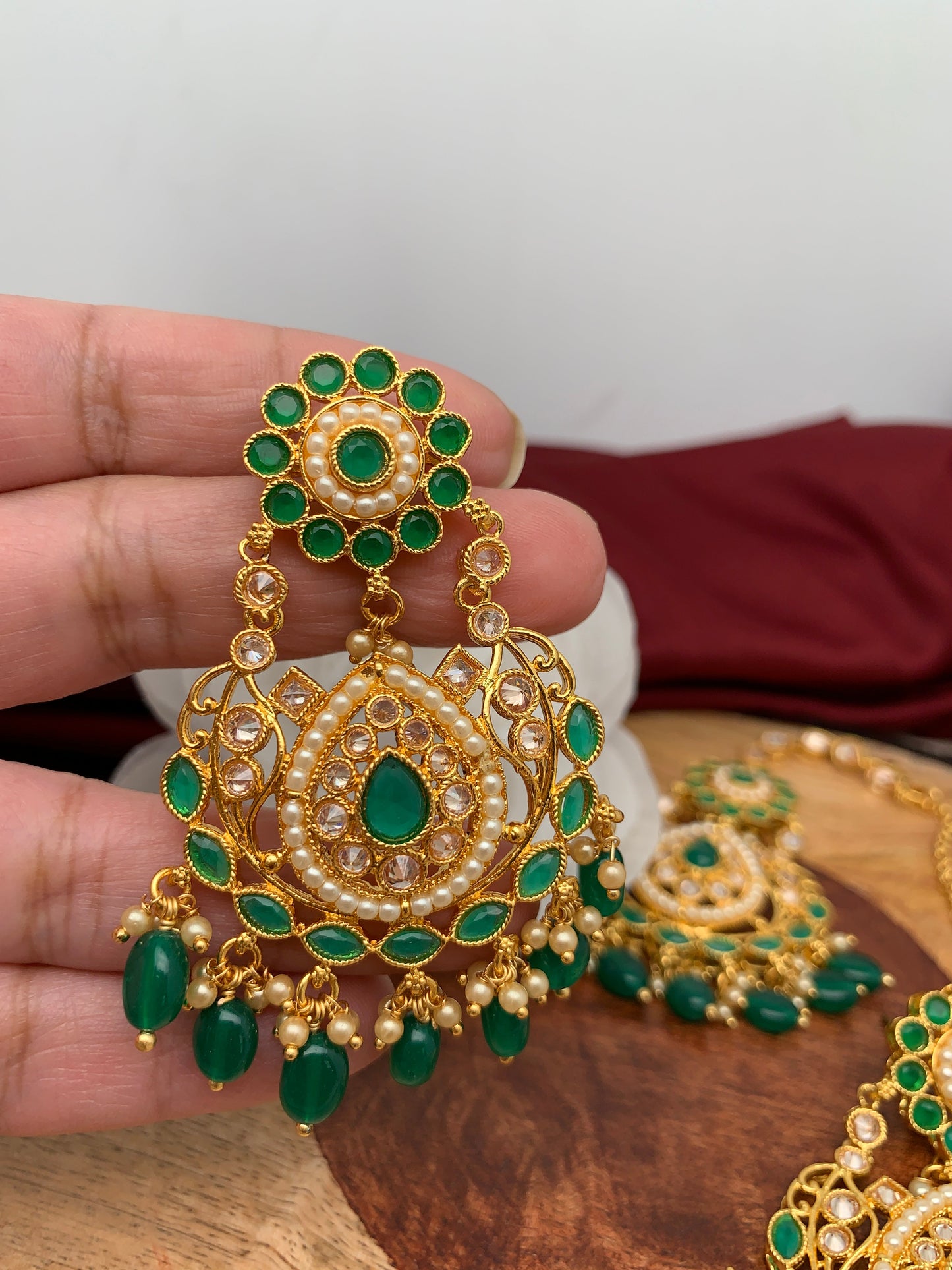 Green Stone Polki Green Beads Earrings with Maang Teeka
