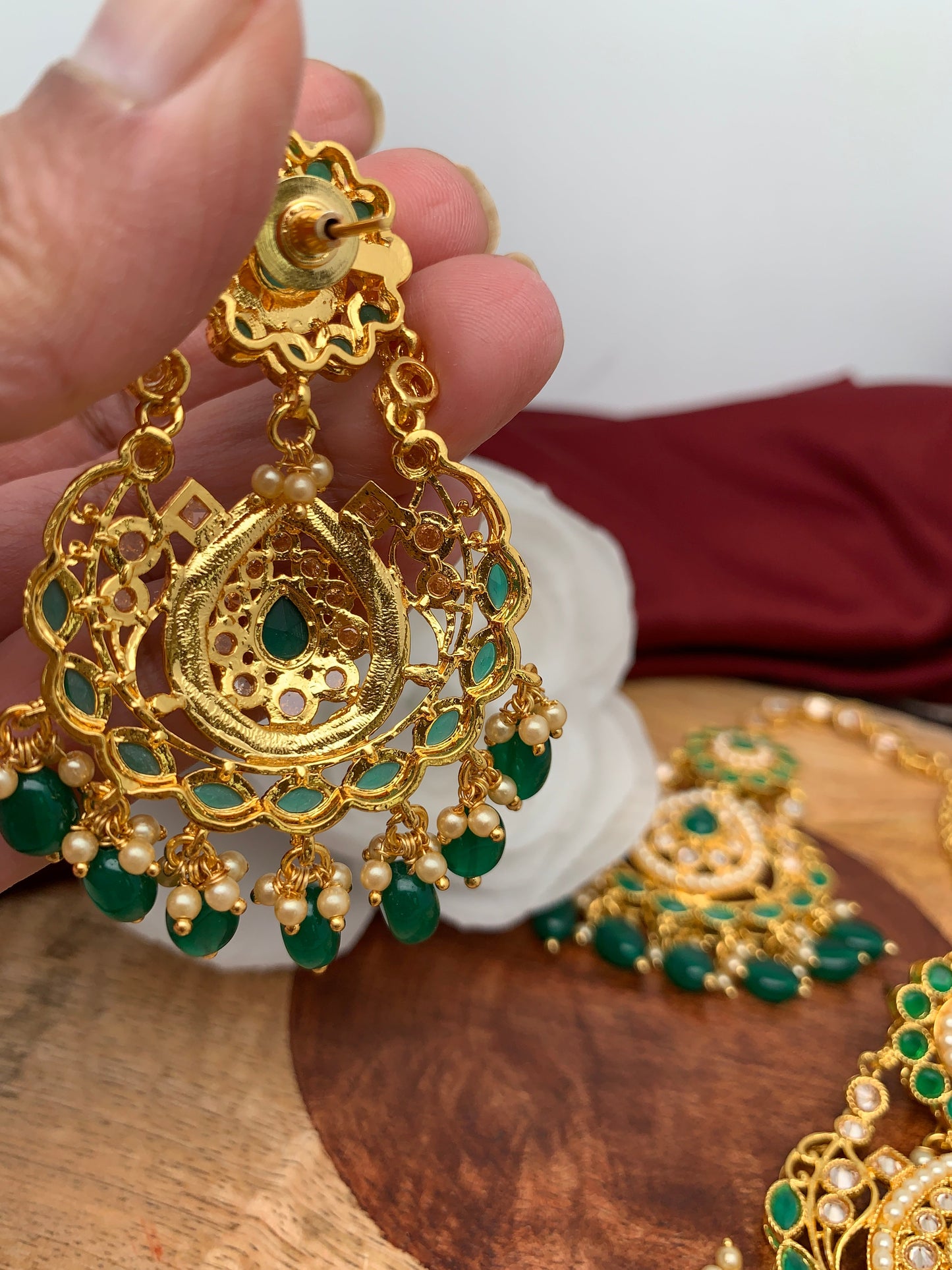 Green Stone Polki Green Beads Earrings with Maang Teeka