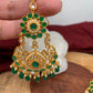 Green Stone Polki Green Beads Earrings with Maang Teeka