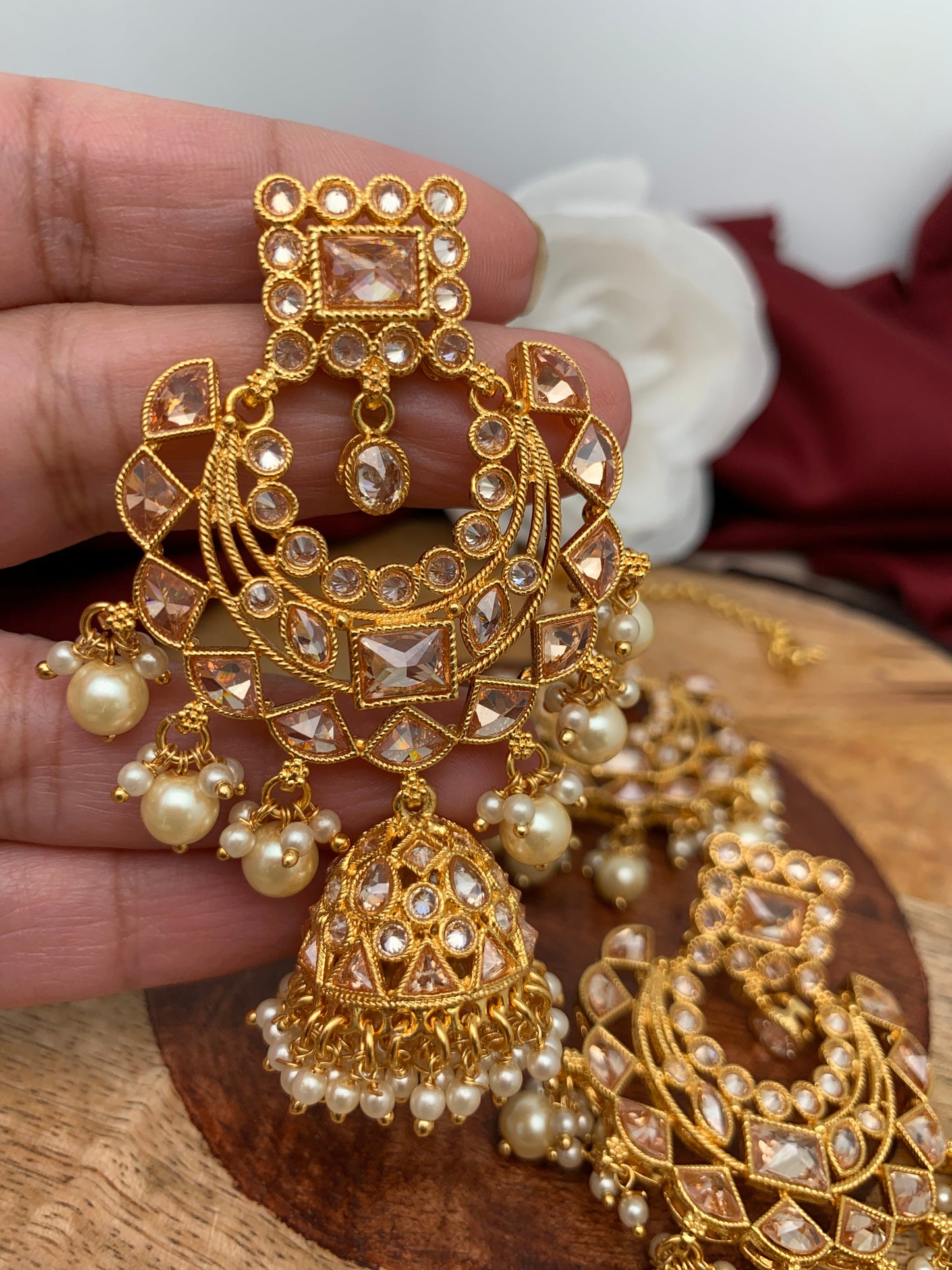 Clear Stone Polki Pearls Chandbali Jhumki with Maang Teeka