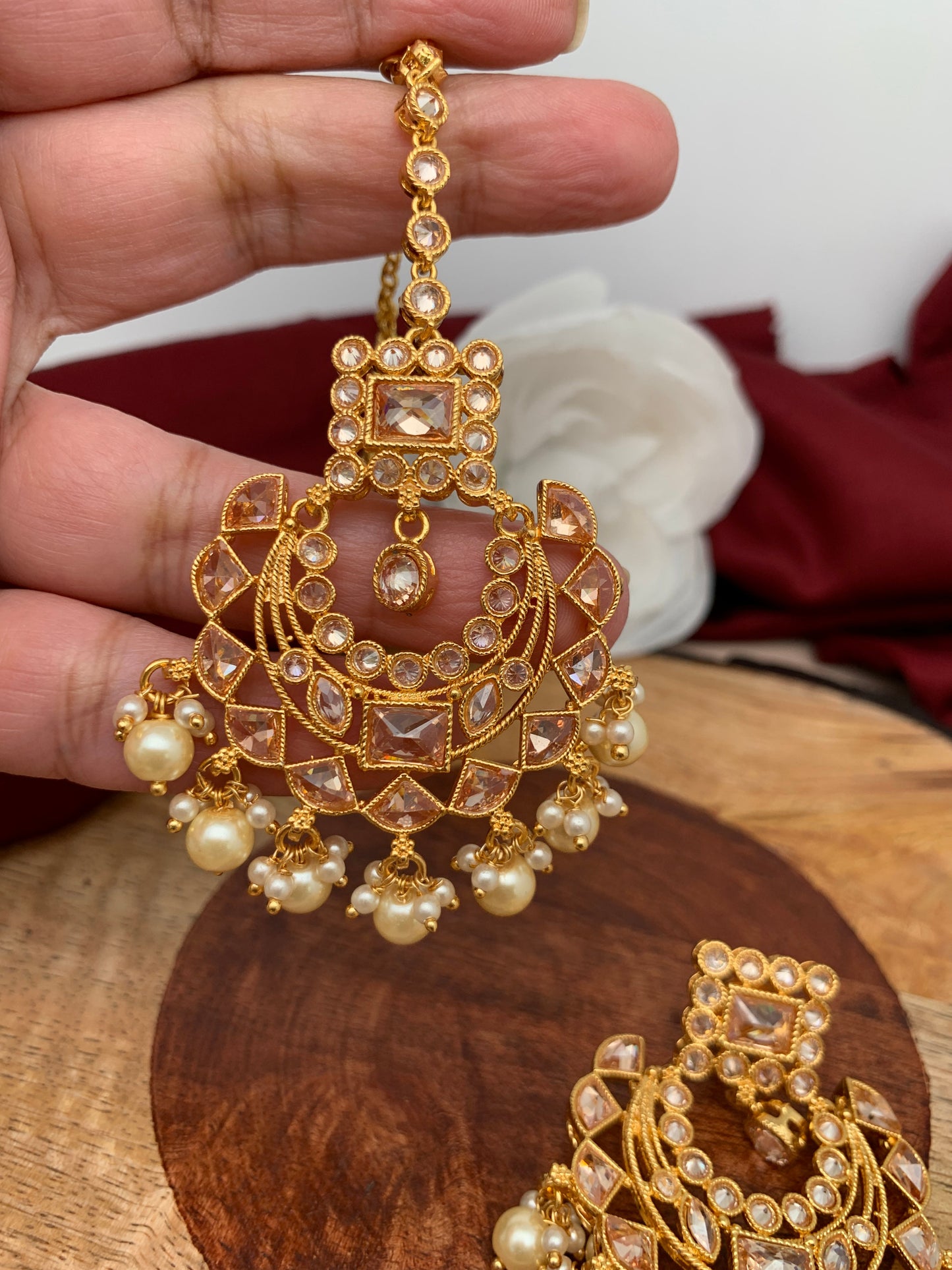 Clear Stone Polki Pearls Chandbali Jhumki with Maang Teeka