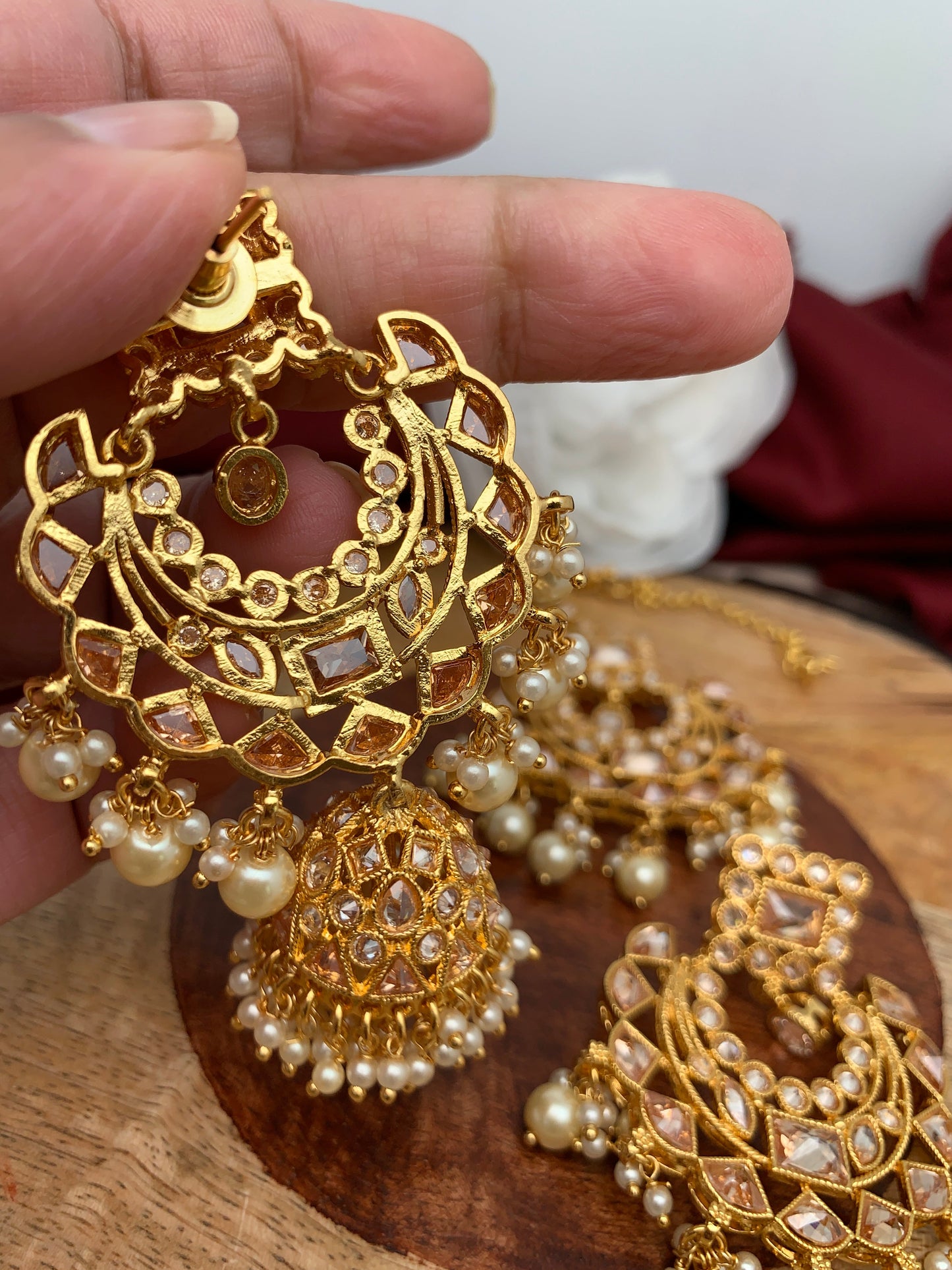 Clear Stone Polki Pearls Chandbali Jhumki with Maang Teeka