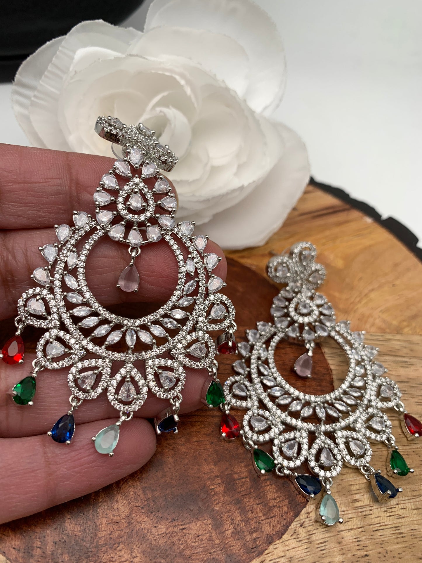 Chandbali AD Multi Stone Silver Finish Earrings