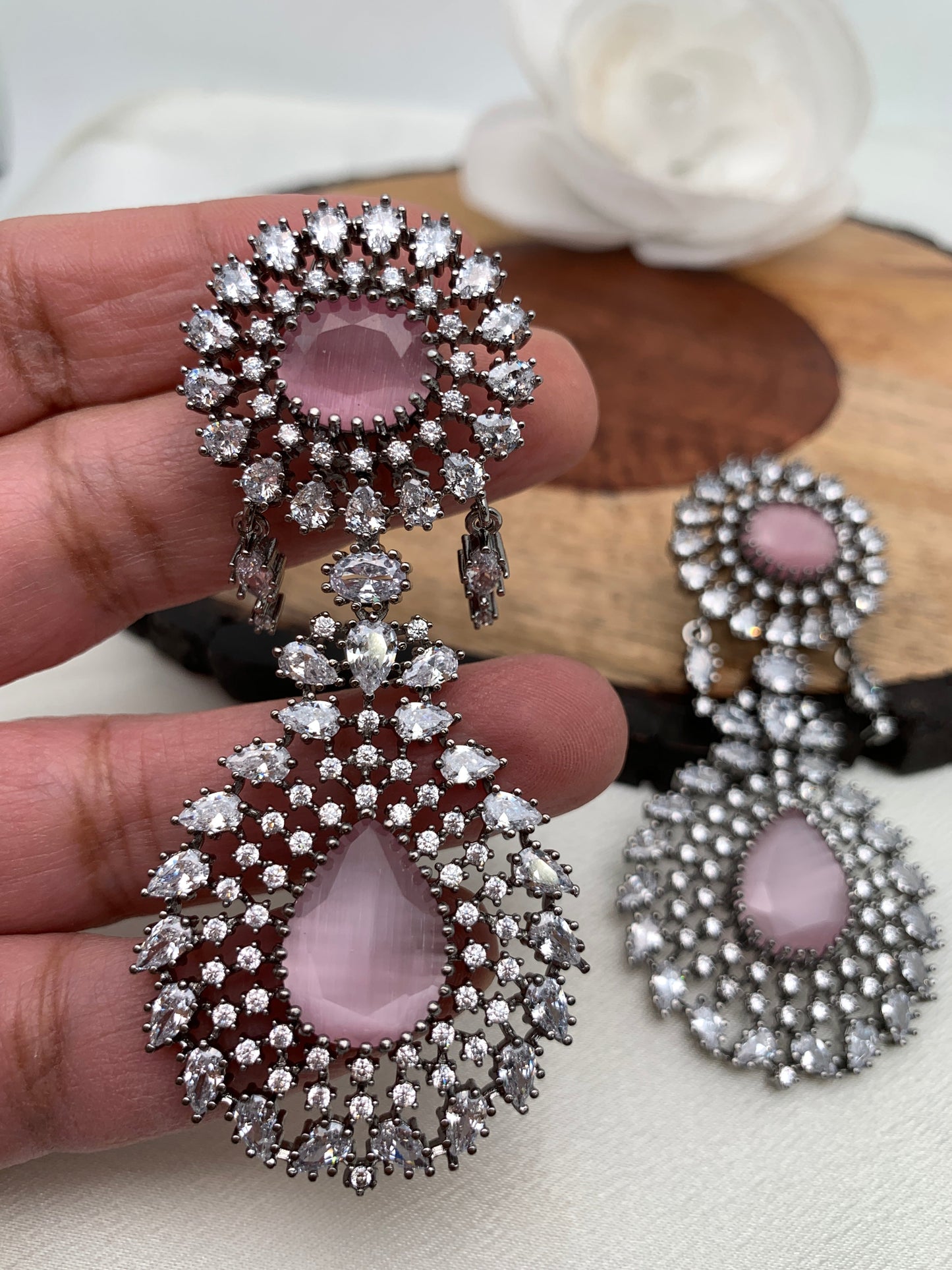 American Diamond Pink Stone Victorian Polish Earrings