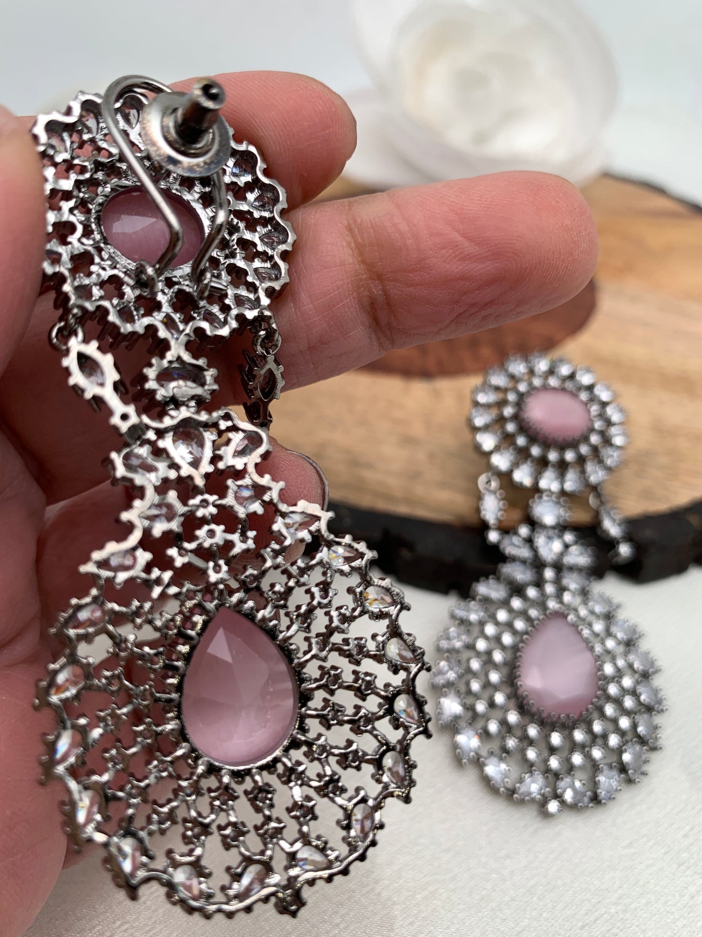 American Diamond Pink Stone Victorian Polish Earrings