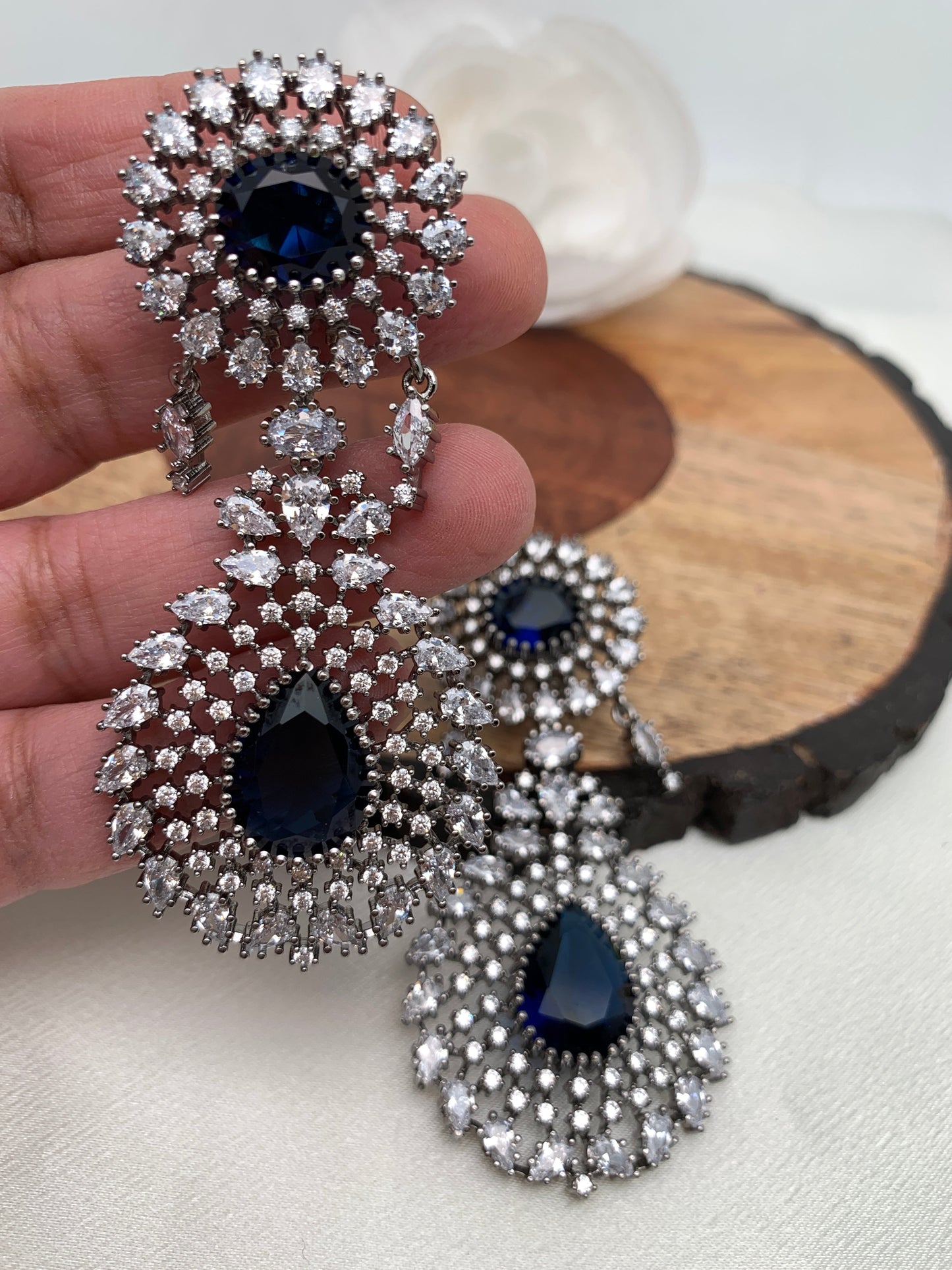 American Diamond Blue Stone Victorian Polish Earrings