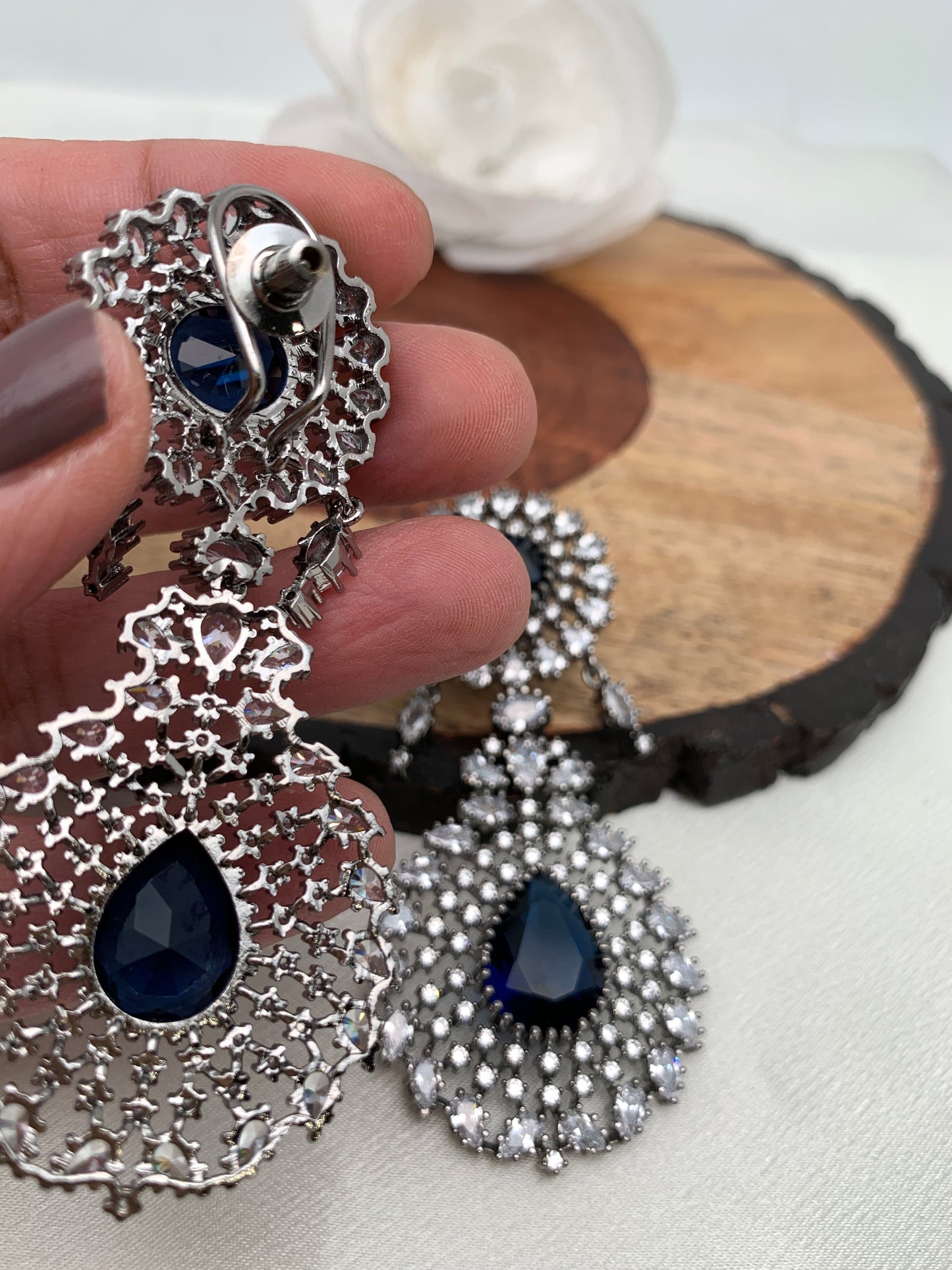 American Diamond Blue Stone Victorian Polish Earrings