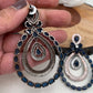 American Diamond Blue Stone Oval Triple Layer Dual Tone Earrings