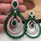 American Diamond Green Stone Oval Triple Layer Dual Tone Earrings