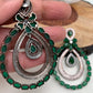 American Diamond Green Stone Oval Triple Layer Dual Tone Earrings