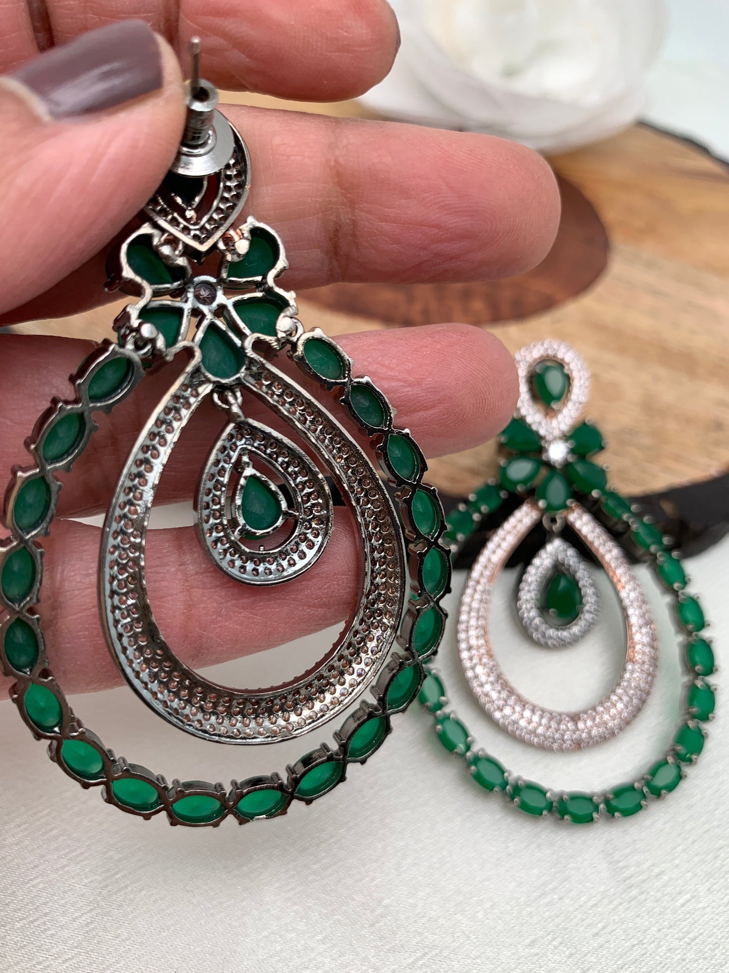 American Diamond Green Stone Oval Triple Layer Dual Tone Earrings