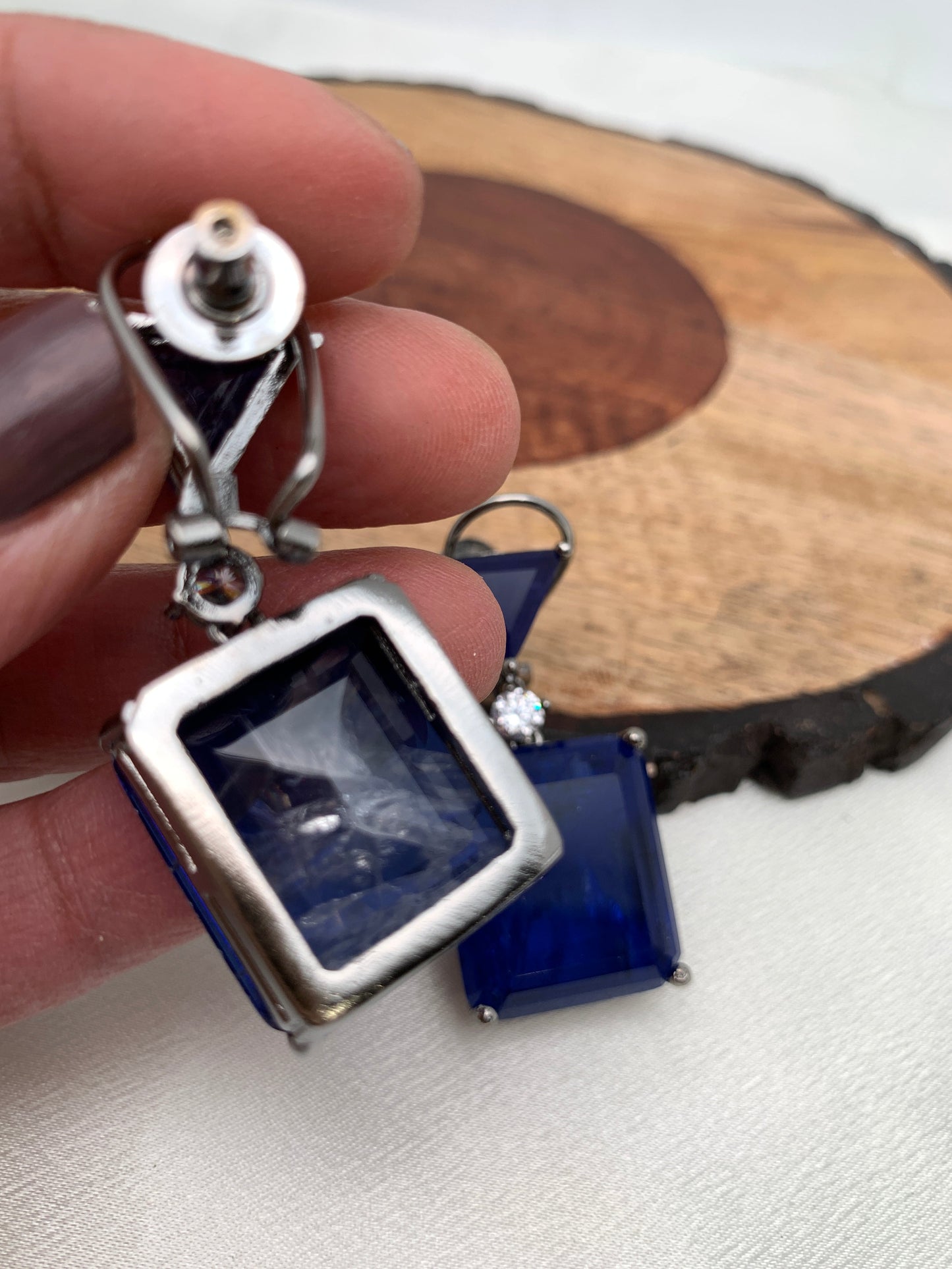 Blue Square Doublet Stone AD Earrings