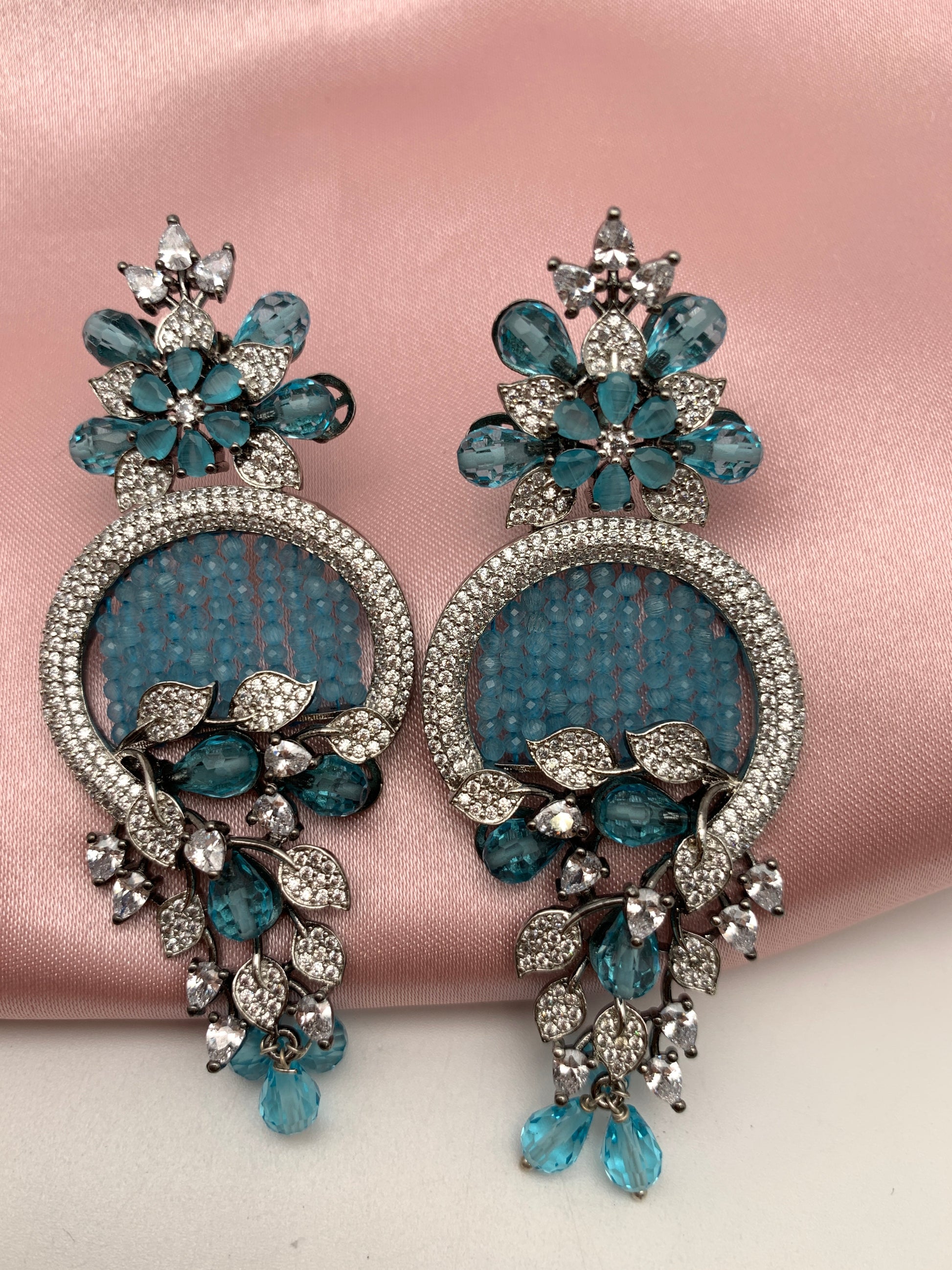 AD Color Stone Floral Design Victorian Earrings - Blue
