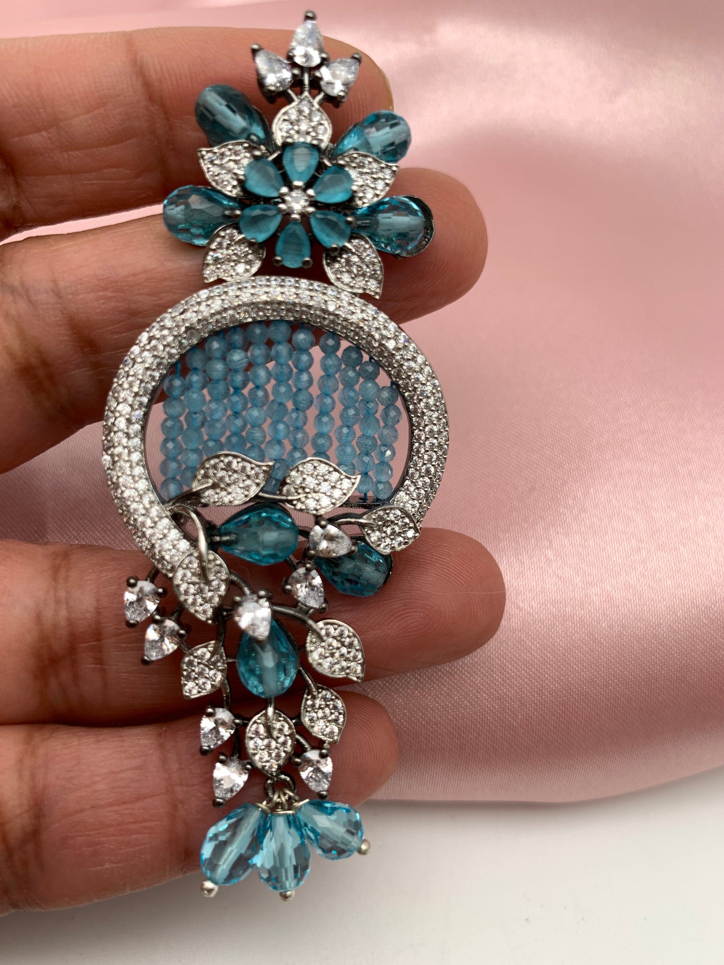 AD Color Stone Floral Design Victorian Earrings - Blue