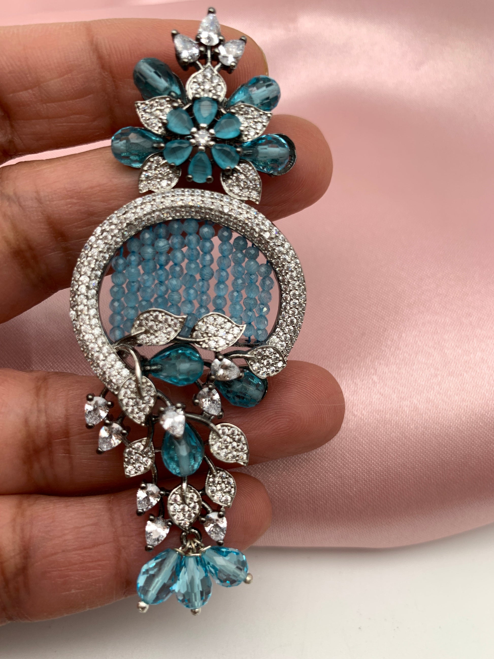 AD Color Stone Floral Design Victorian Earrings - Blue