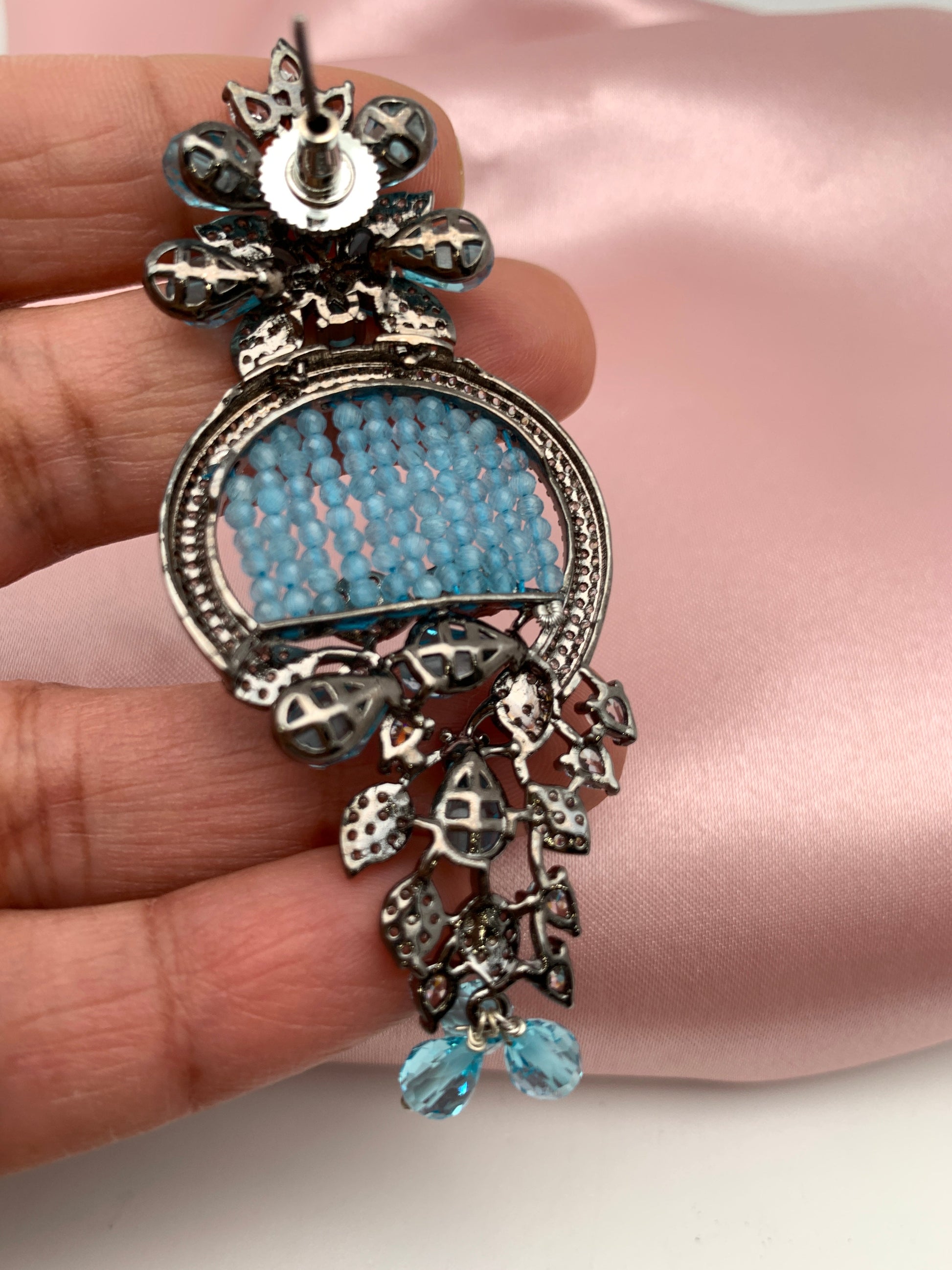 AD Color Stone Floral Design Victorian Earrings - Blue