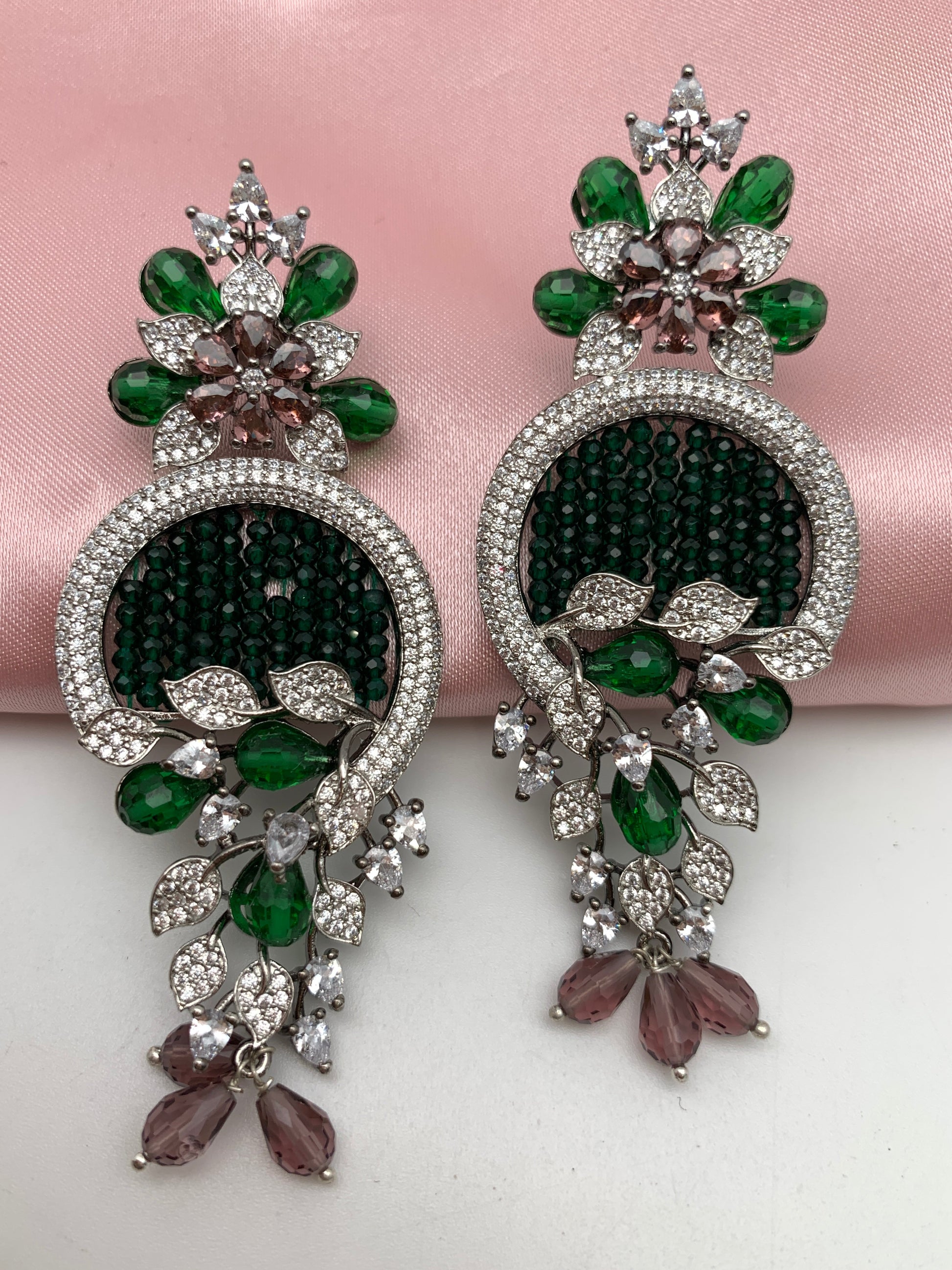 AD Color Stone Floral Design Victorian Earrings - Green