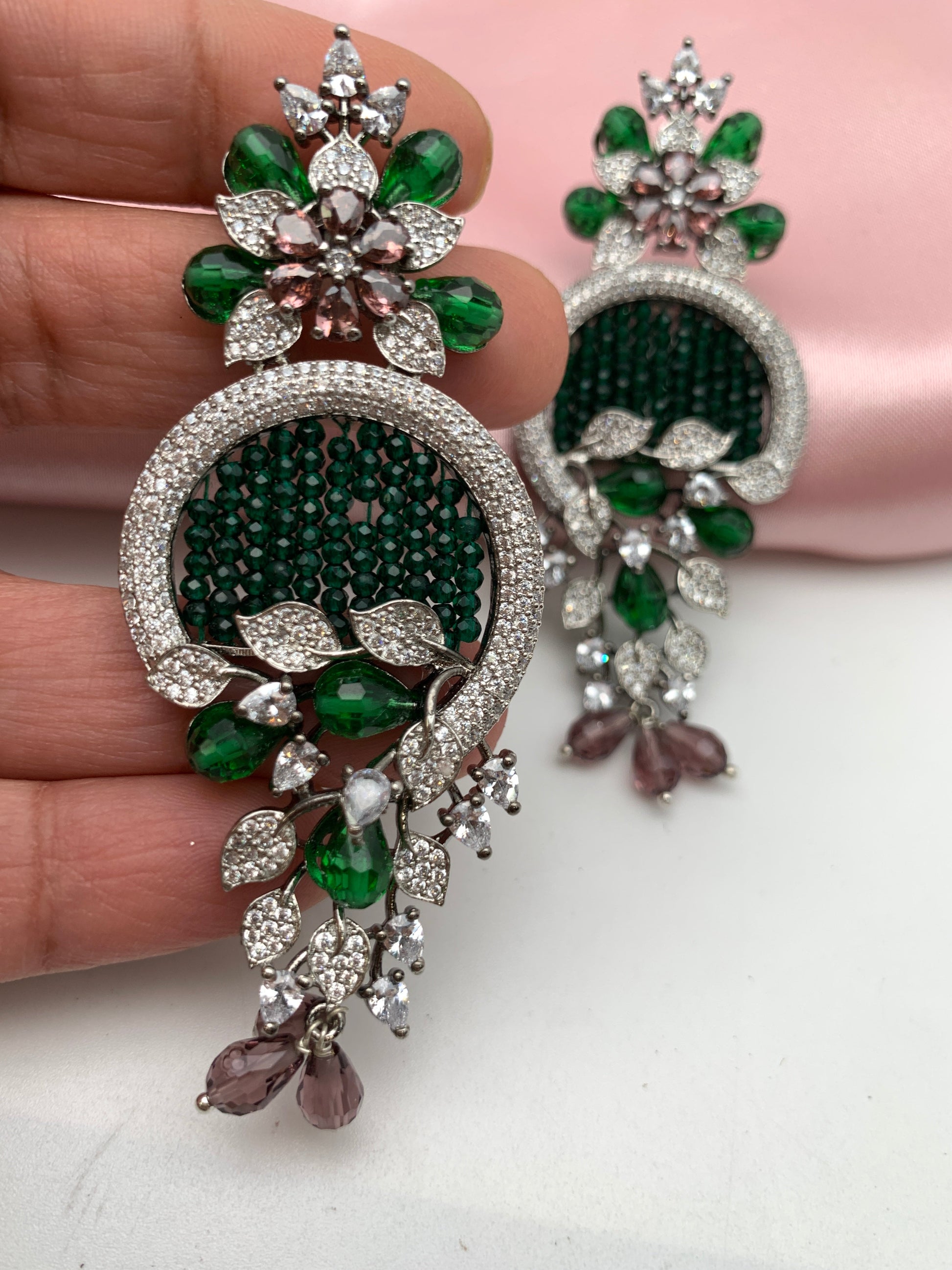 AD Color Stone Floral Design Victorian Earrings - Green