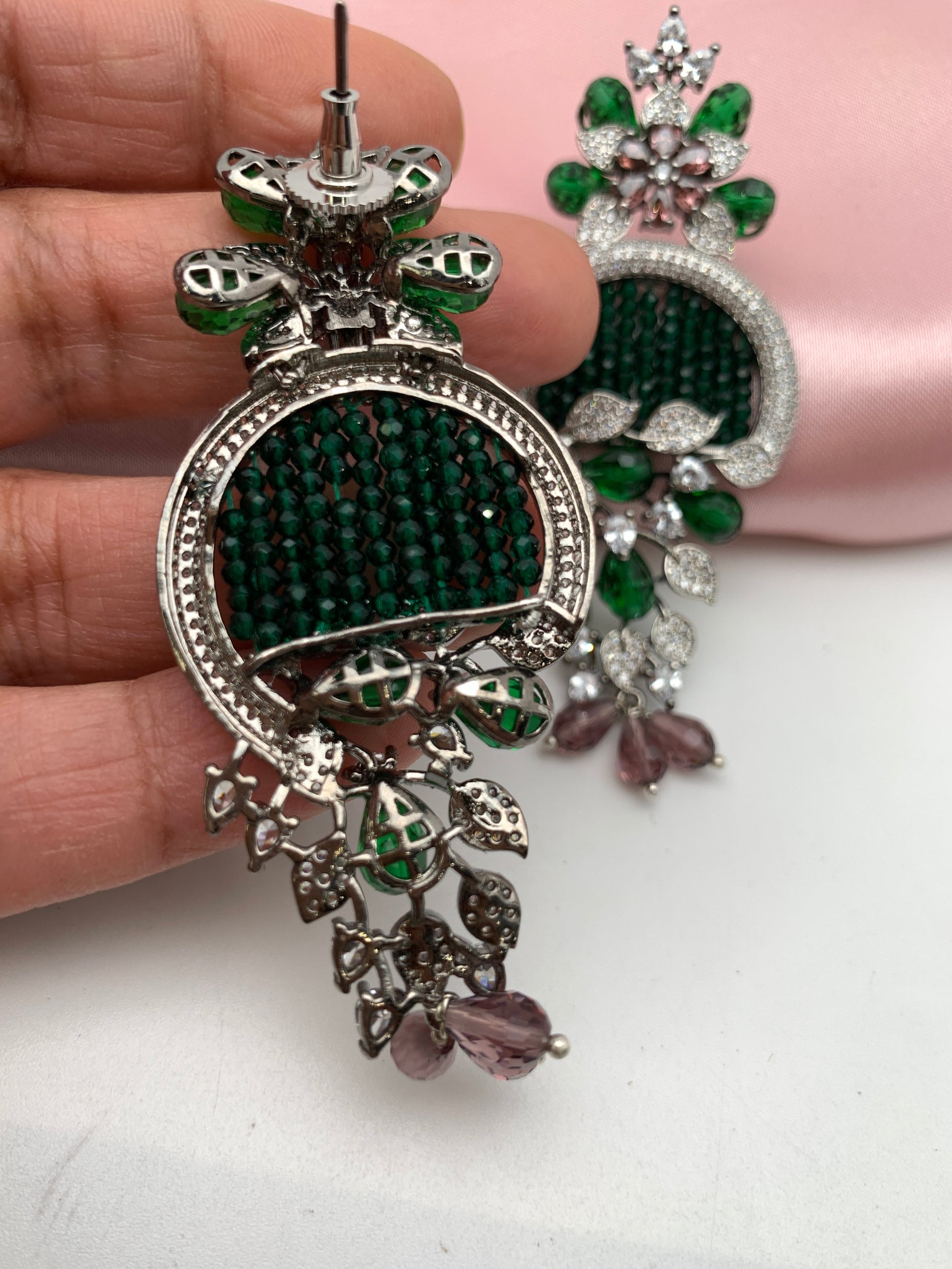 AD Color Stone Floral Design Victorian Earrings - Green